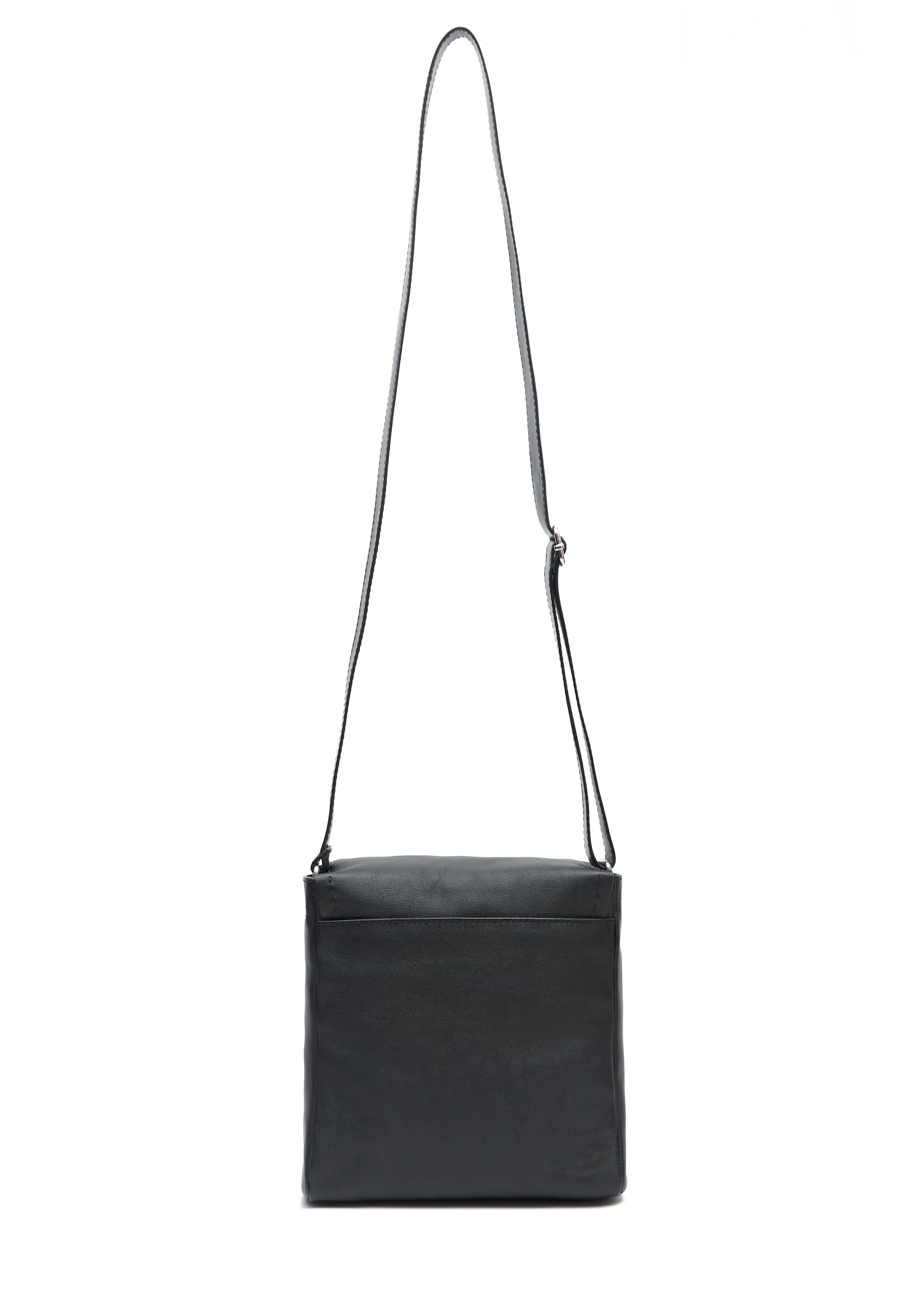 Back view of the Philini Anastasia Messenger Bag in black aniline nappa leather, square shape with adjustable leather strap. Sleek handcrafted leather crossbody purse
