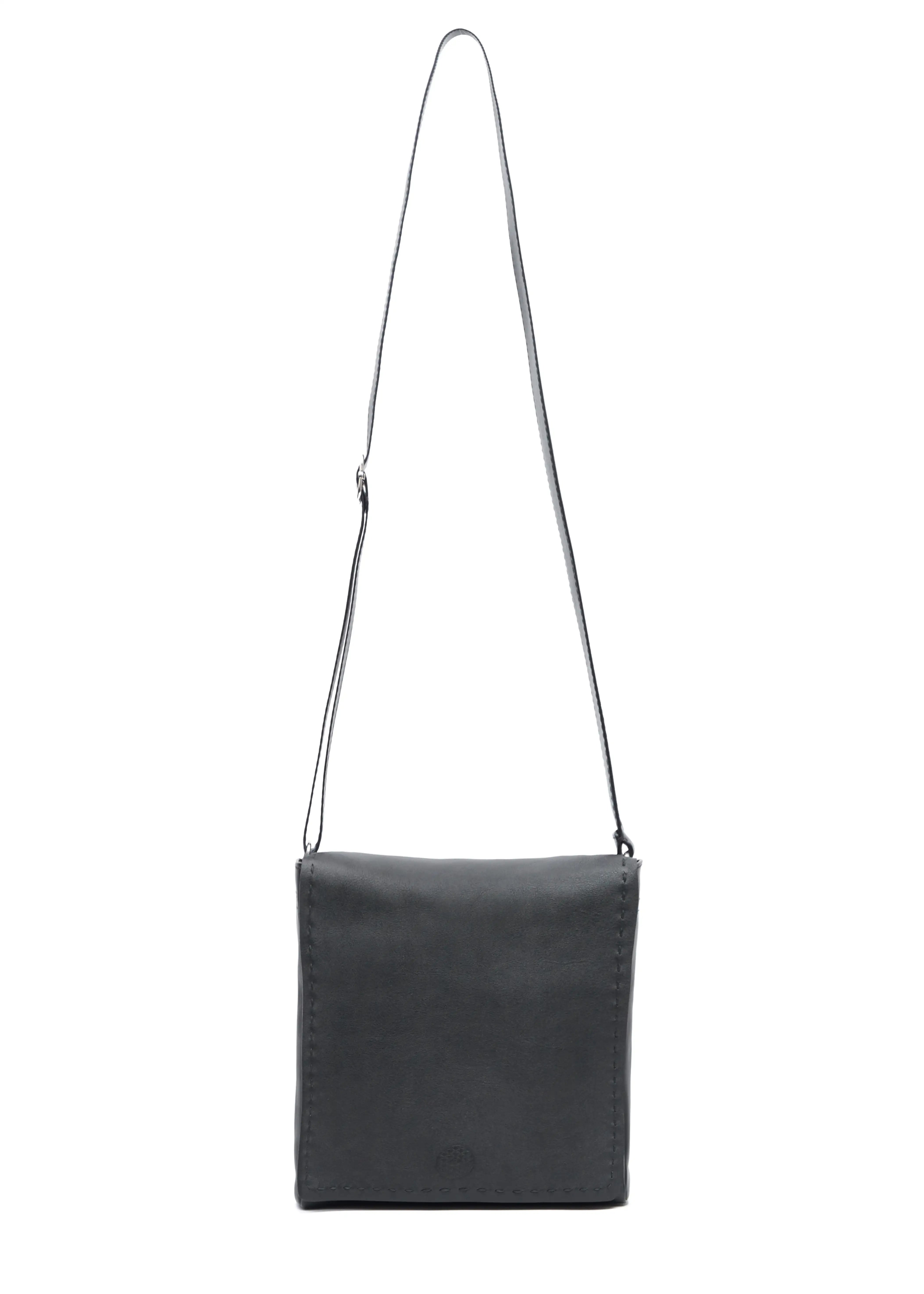 Front view of the Philini Anastasia Messenger Bag in black aniline nappa leather, showcasing a structured square silhouette, full front flap, and detailed stitching. High-quality black leather crossbody bag for modern, urban style