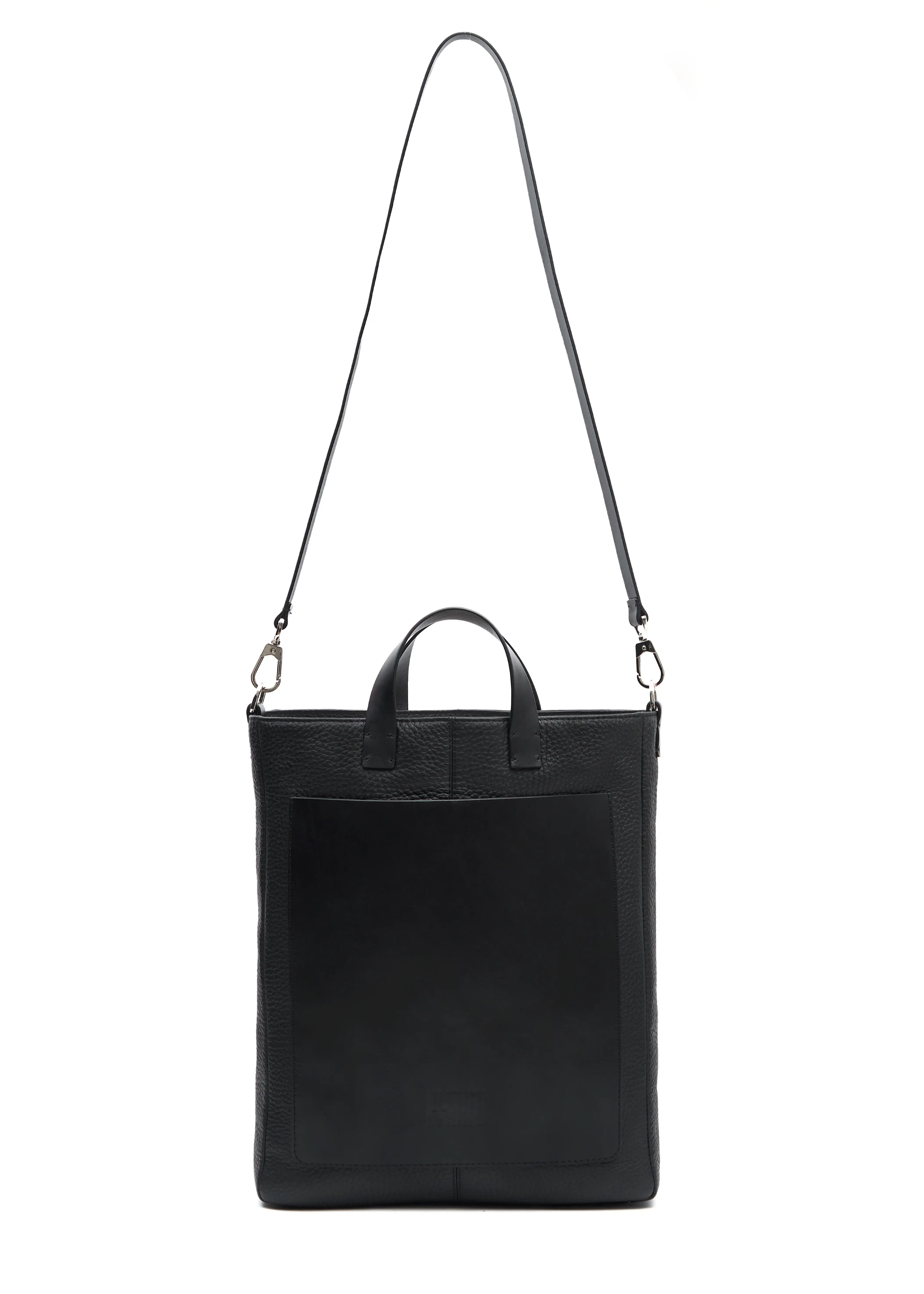 Philini handcrafted black leather tote bag Andrea with a minimalist design, featuring a sleek rectangular shape, durable top handles, and an adjustable shoulder strap. Made from premium full-grain European leather, this timeless and sustainable bag is perfect for modern women seeking elegance and functionality. Ethically crafted in small batches, ideal for work or casual use