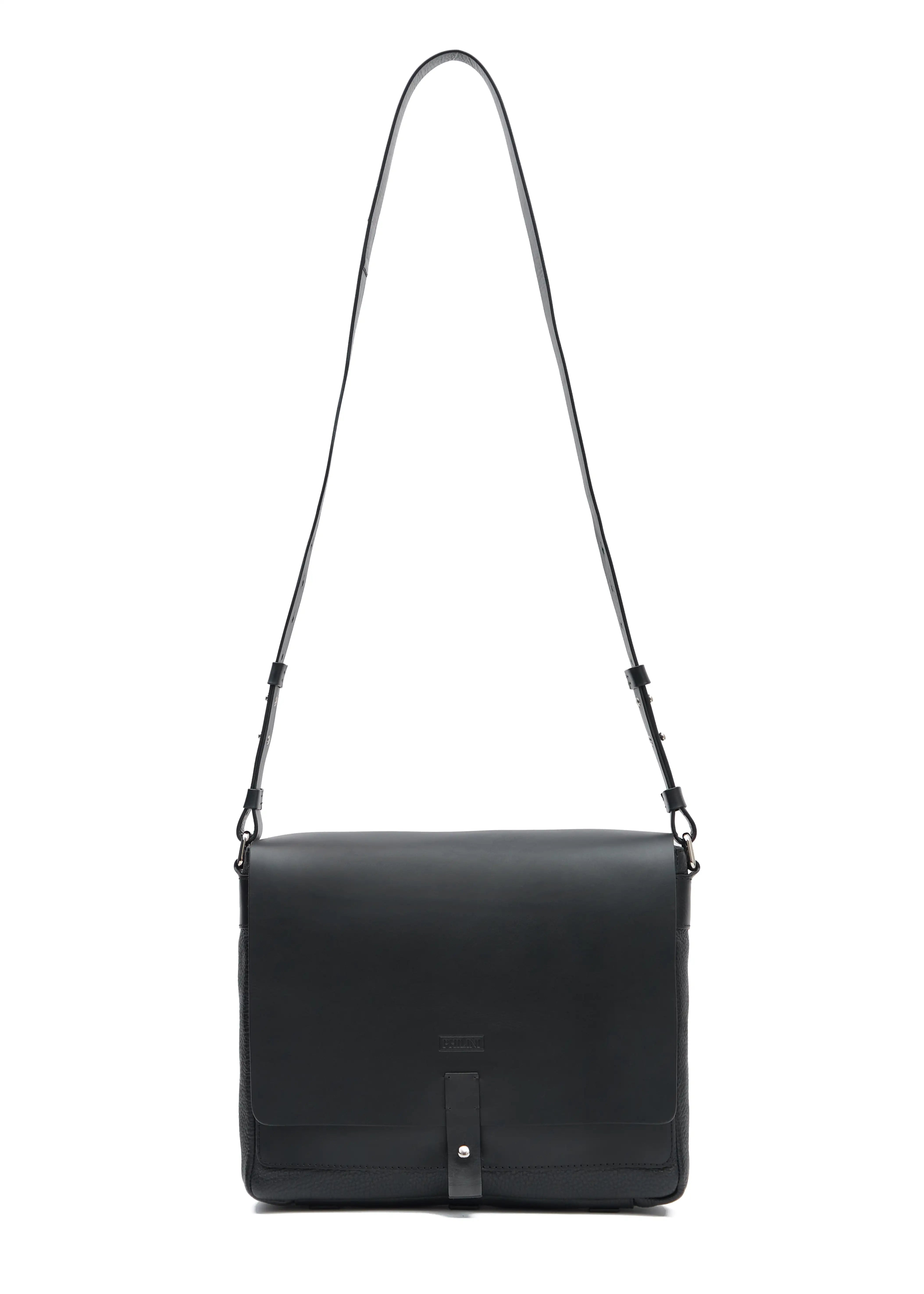 Philini Aneta Bag in black, a luxurious handcrafted leather messenger bag designed for women who value timeless elegance, sustainability, and individuality. Featuring a sleek rectangular design with top handles and a detachable shoulder strap, this versatile bag is perfect for professional and casual occasions.