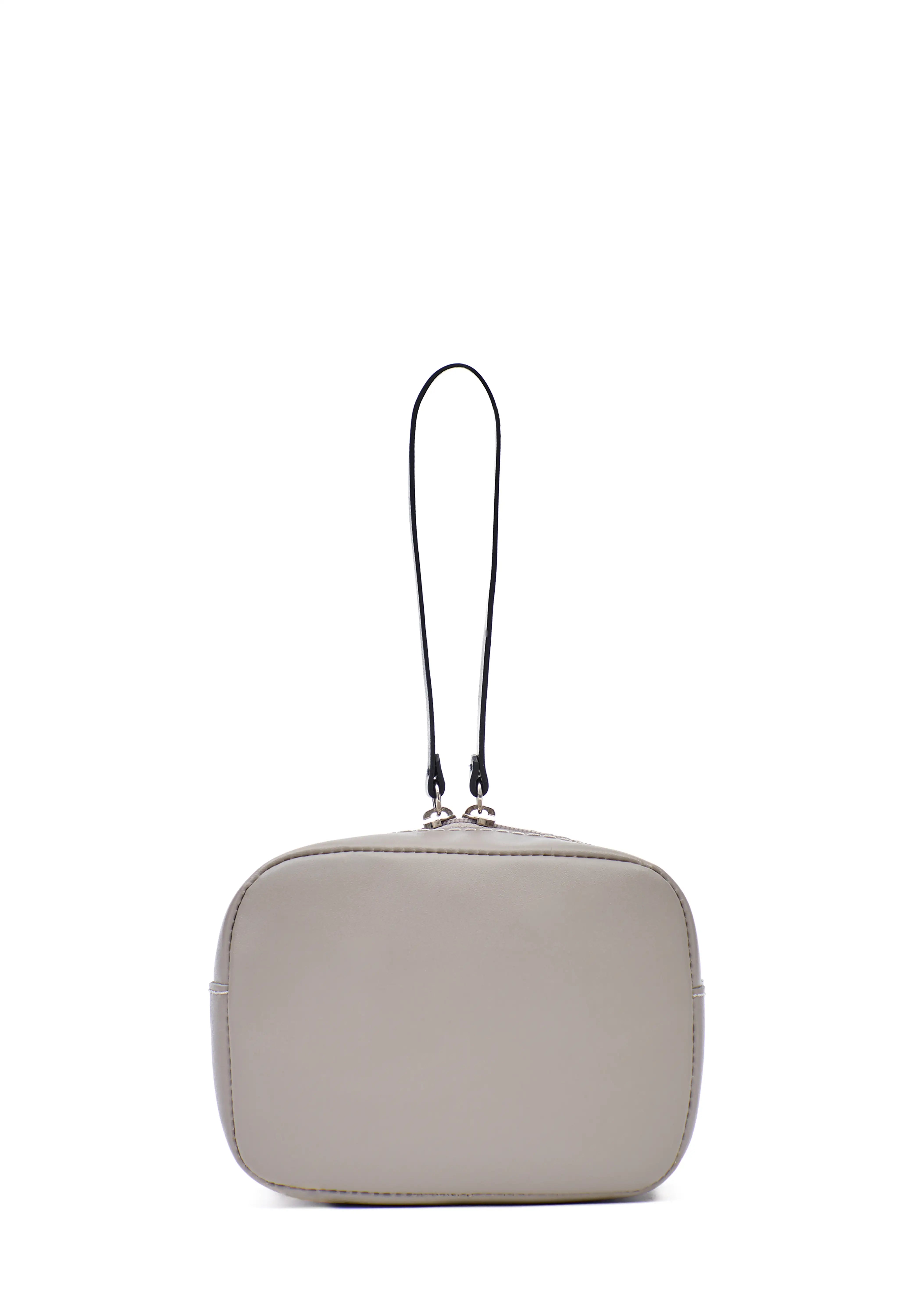 Back view of the Philini Anny taupe leather cosmetic bag, boxy silhouette with zip closure, leather pull. Compact travel makeup pouch,