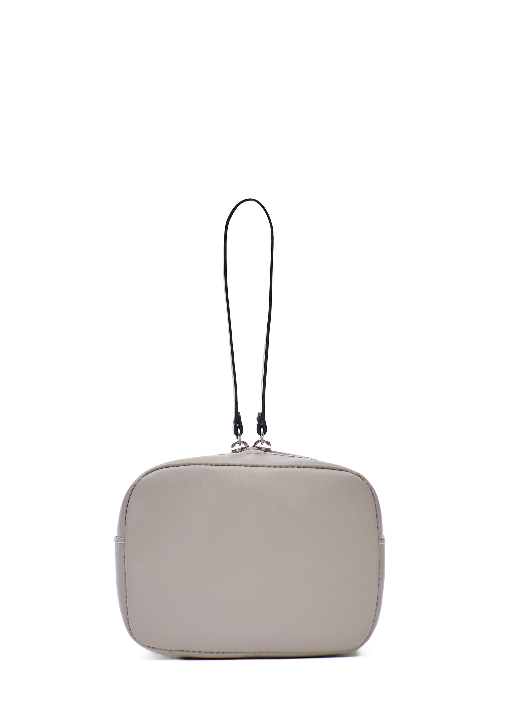 Back view of the Philini Anny taupe leather cosmetic bag, boxy silhouette with zip closure, leather pull. Compact travel makeup pouch,