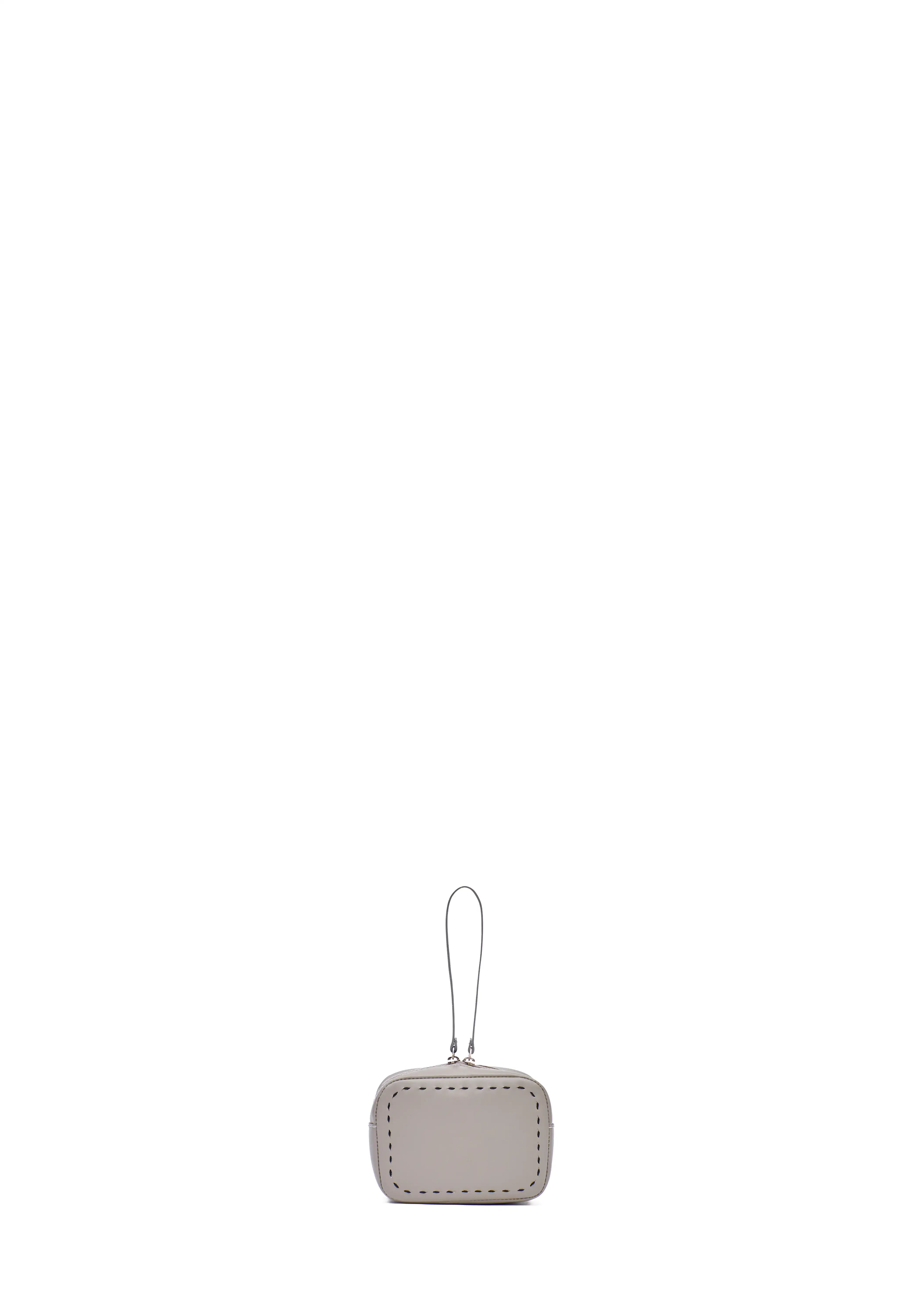 Front view of the Philini Anny Cosmetic Bag in taupe aniline leather, boxy shape with hand-stitched details and zip closure with leather pull. Minimalist small leather makeup bag