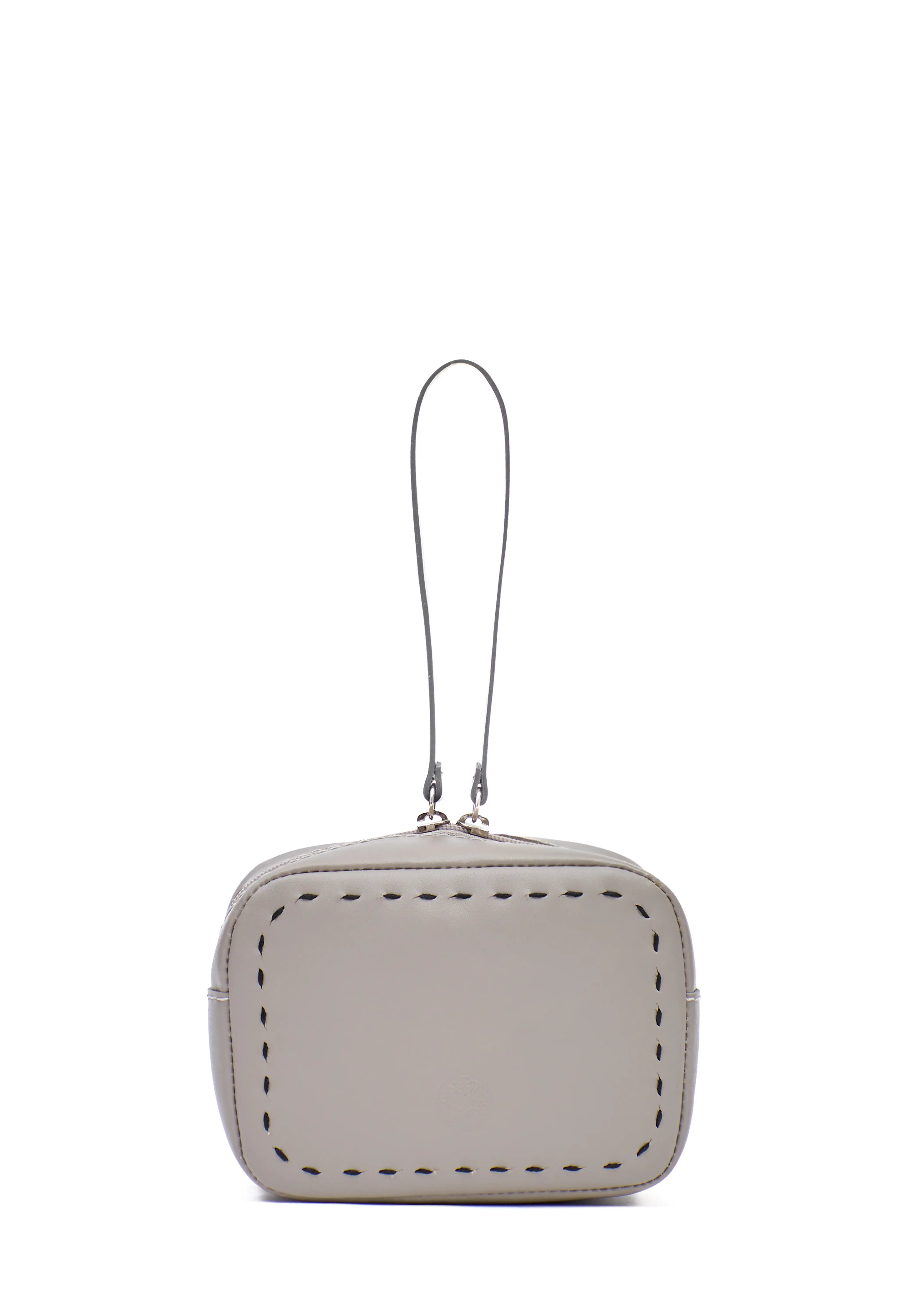 Close front view of the Philini Anny Cosmetic Bag in taupe aniline leather, featuring a boxy design with hand-stitched details and a zip closure with a leather pull. Elegant travel accessory