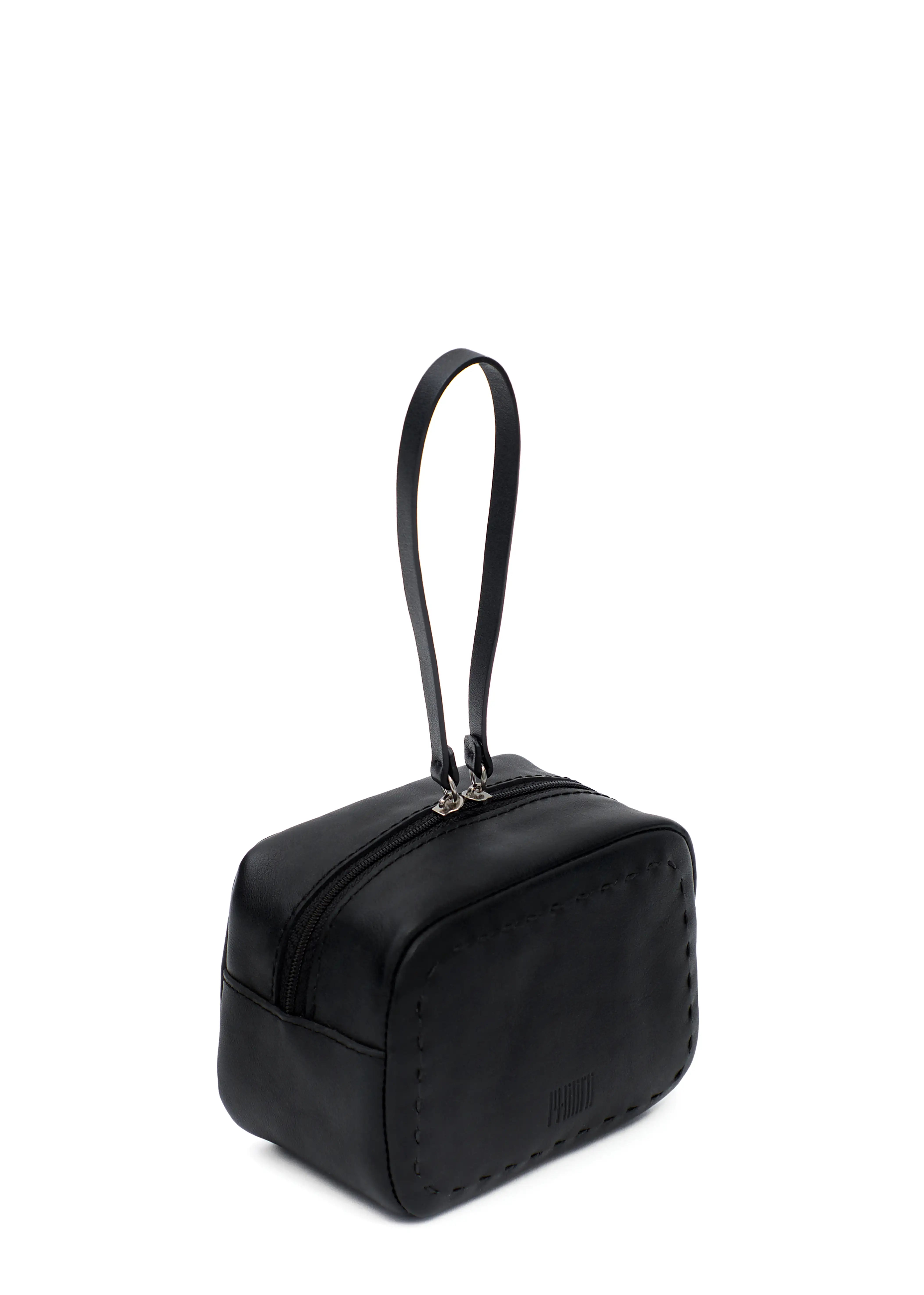 Side view of the Philini Anny Cosmetic Bag in black aniline leather, featuring a structured boxy shape, hand-stitched finish, and zip closure with leather pull. Ideal for organizing daily essentials.