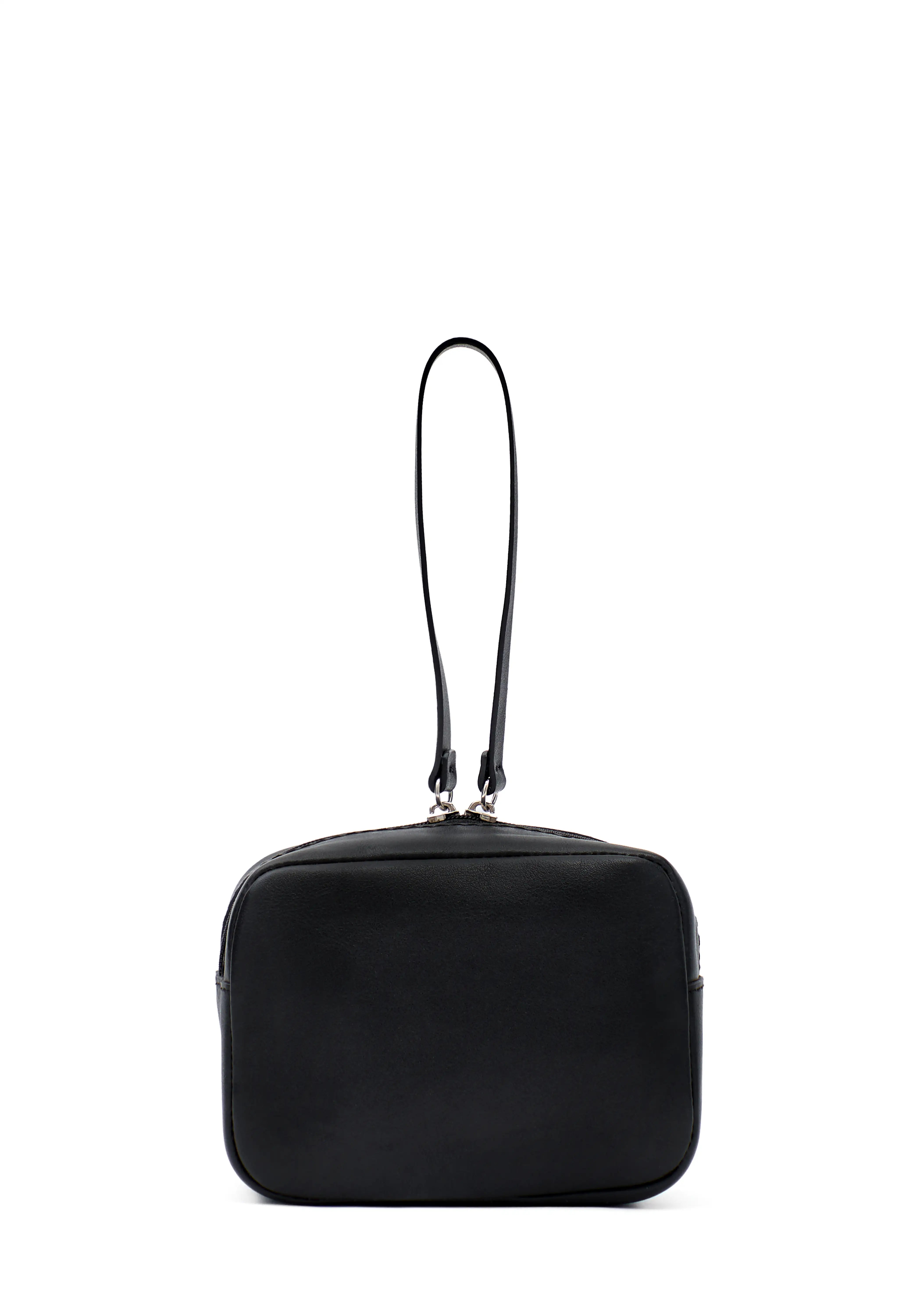 Back view of the Philini Anny Cosmetic Bag in black aniline leather, showcasing its structured boxy form and zip closure with leather pull. Stylish black toiletry case for travel