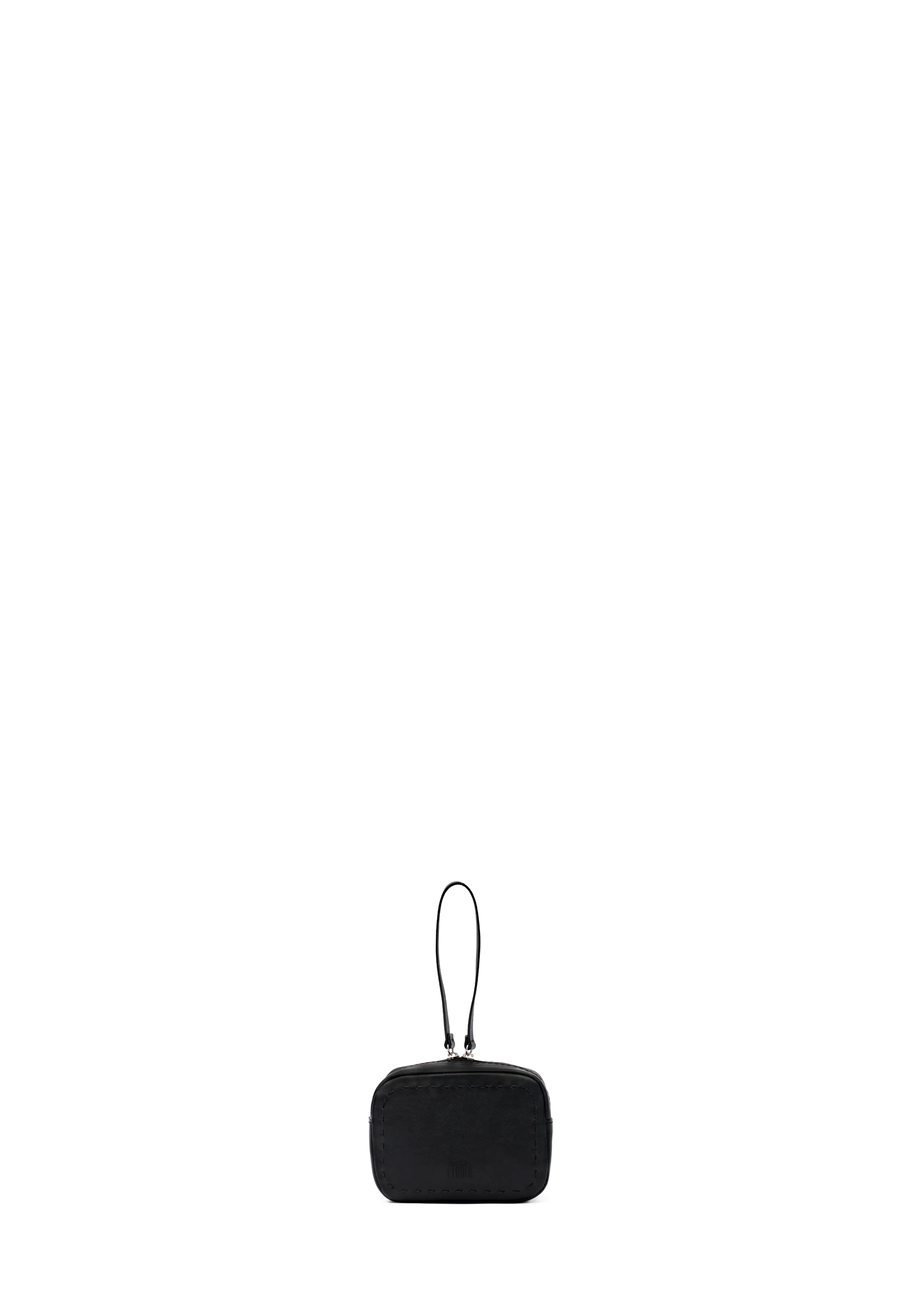 Front view of the Philini Anny Cosmetic Bag in black aniline leather, showcasing its structured rectangular shape, hand-stitched finish, and zip closure with a leather pull. Elegant compact leather toiletry cas
