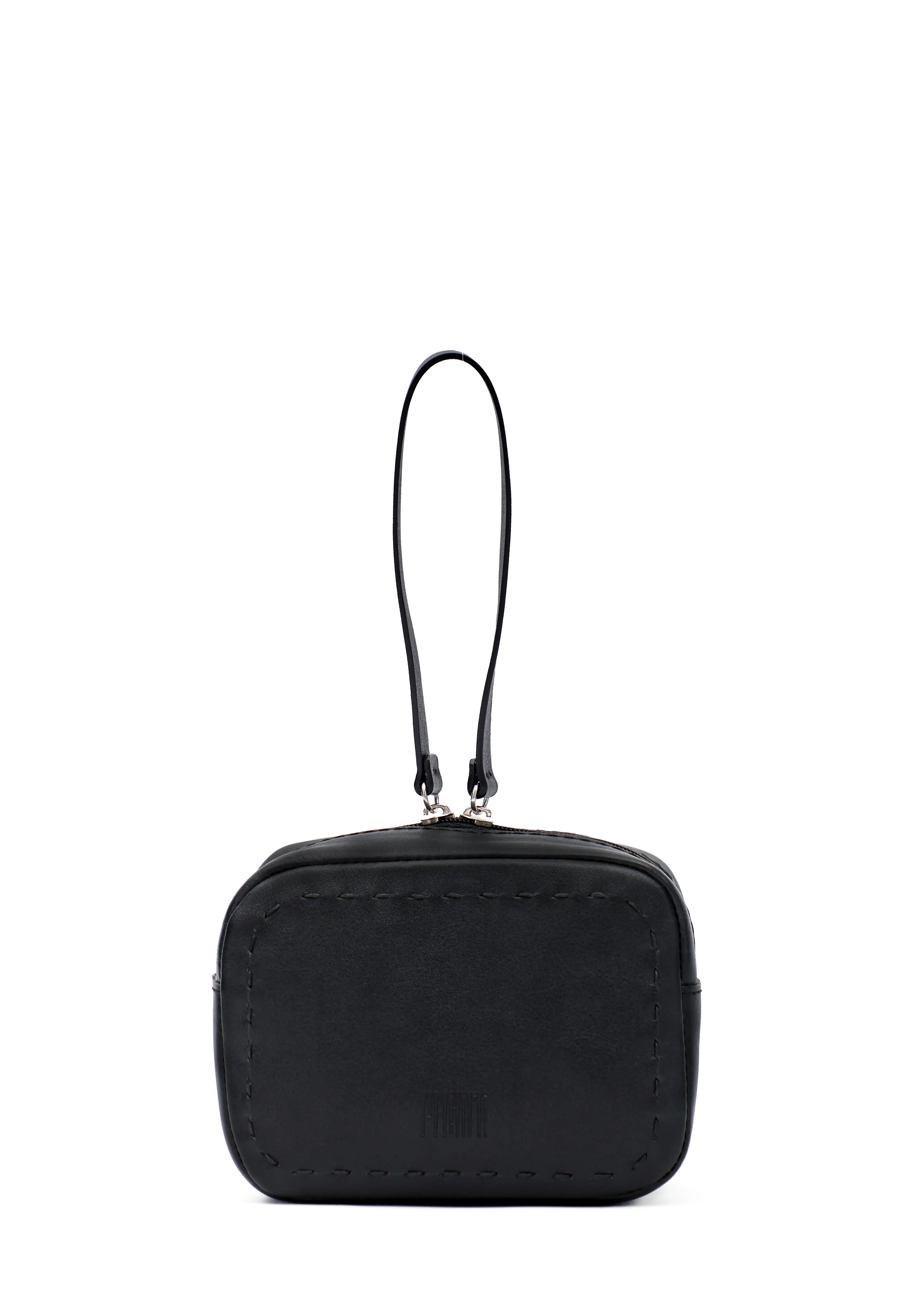 Close front view of the Philini Anny Cosmetic Bag in black aniline leather, showcasing a structured silhouette with zip closure, leather pull, and a stamped Philini logo.