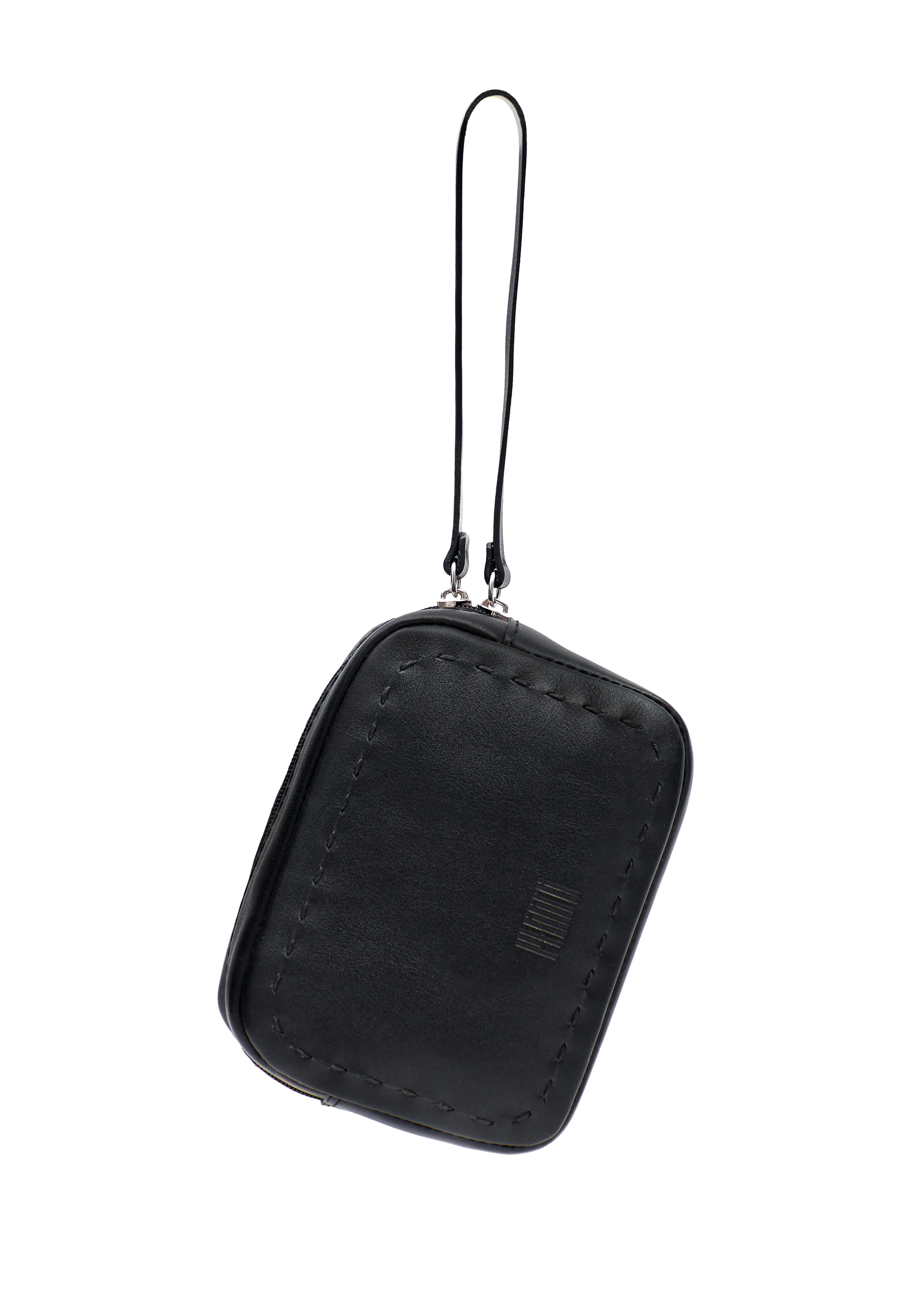 Close front view of the Philini Anny Cosmetic Bag in black aniline leather, featuring a structured silhouette, hand-stitched detailing, zip closure, and front-stamped logo. Sleek leather pouch for daily essentials or travel
