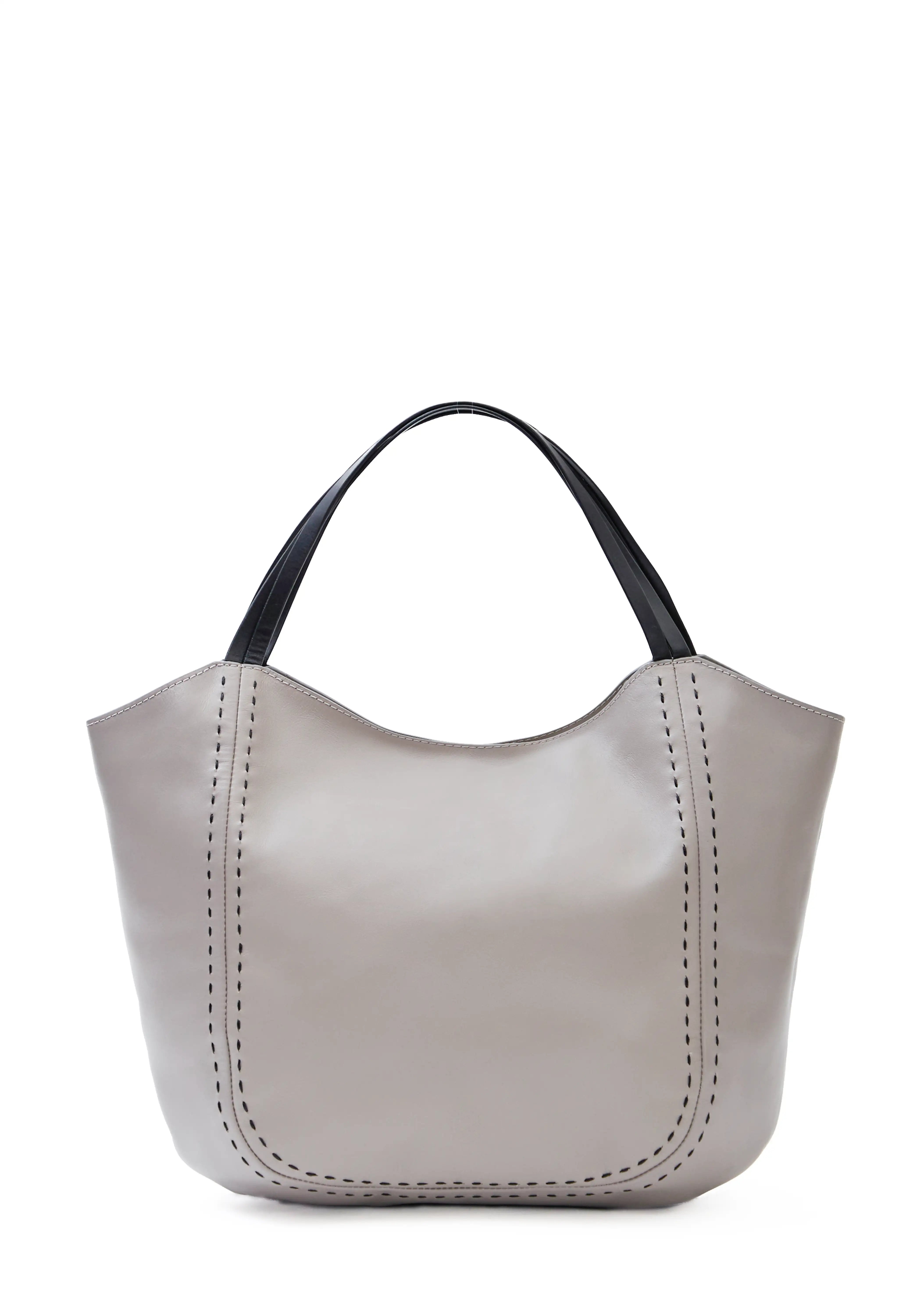 Front view of the Philini Charlotte Tote Bag in taupe aniline calf leather, showcasing two double flat leather handles and black hand-stitched detailing. This spacious, structured leather tote bag is a premium, handcrafted designer handbag.