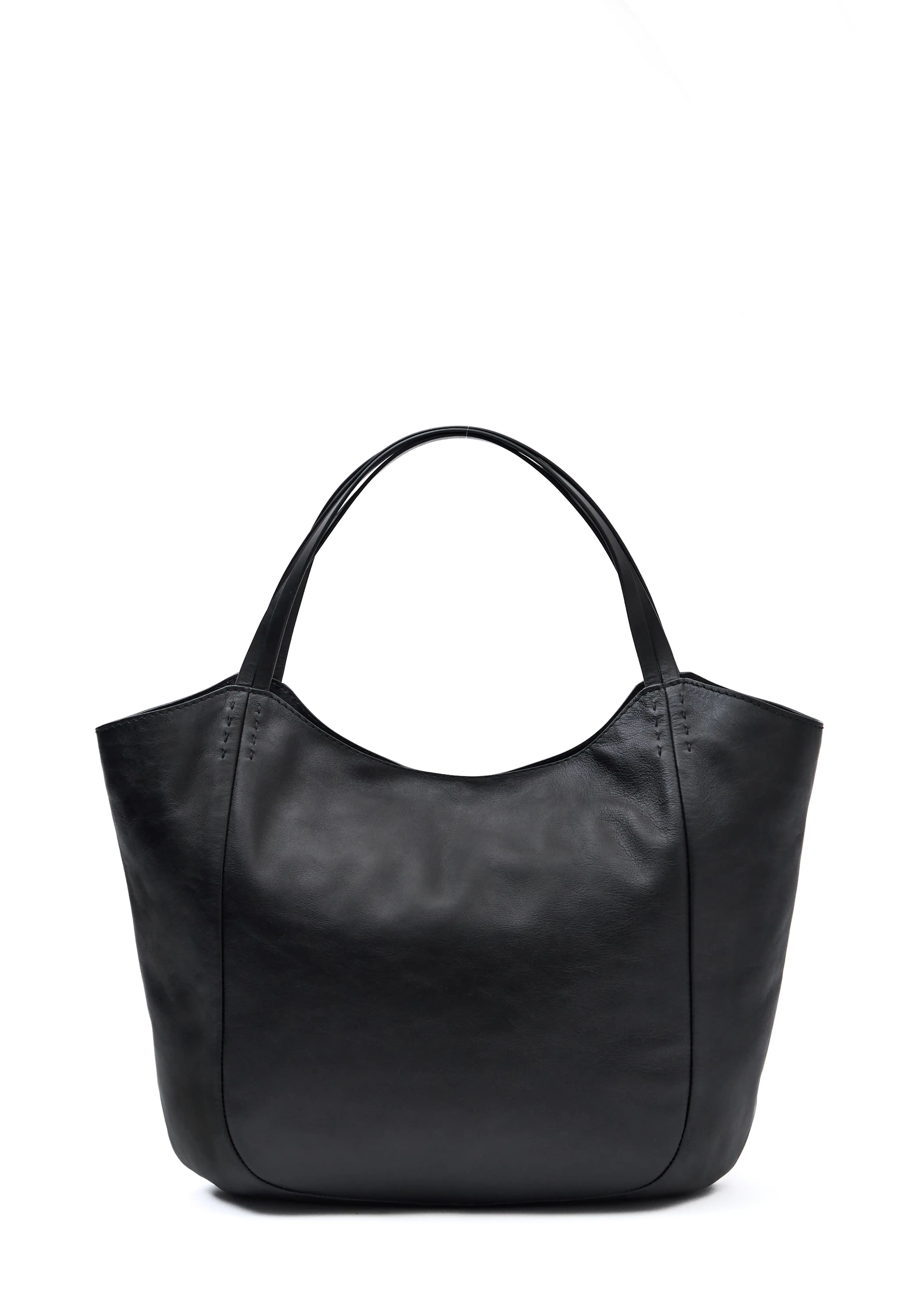 Back view of the Philini Charlotte Tote Bag in black aniline calf leather, featuring double flat leather handles, a secure magnetic closure, and refined tonal stitching. A structured designer tote bag, perfect for work, city style, or daily essentials.
