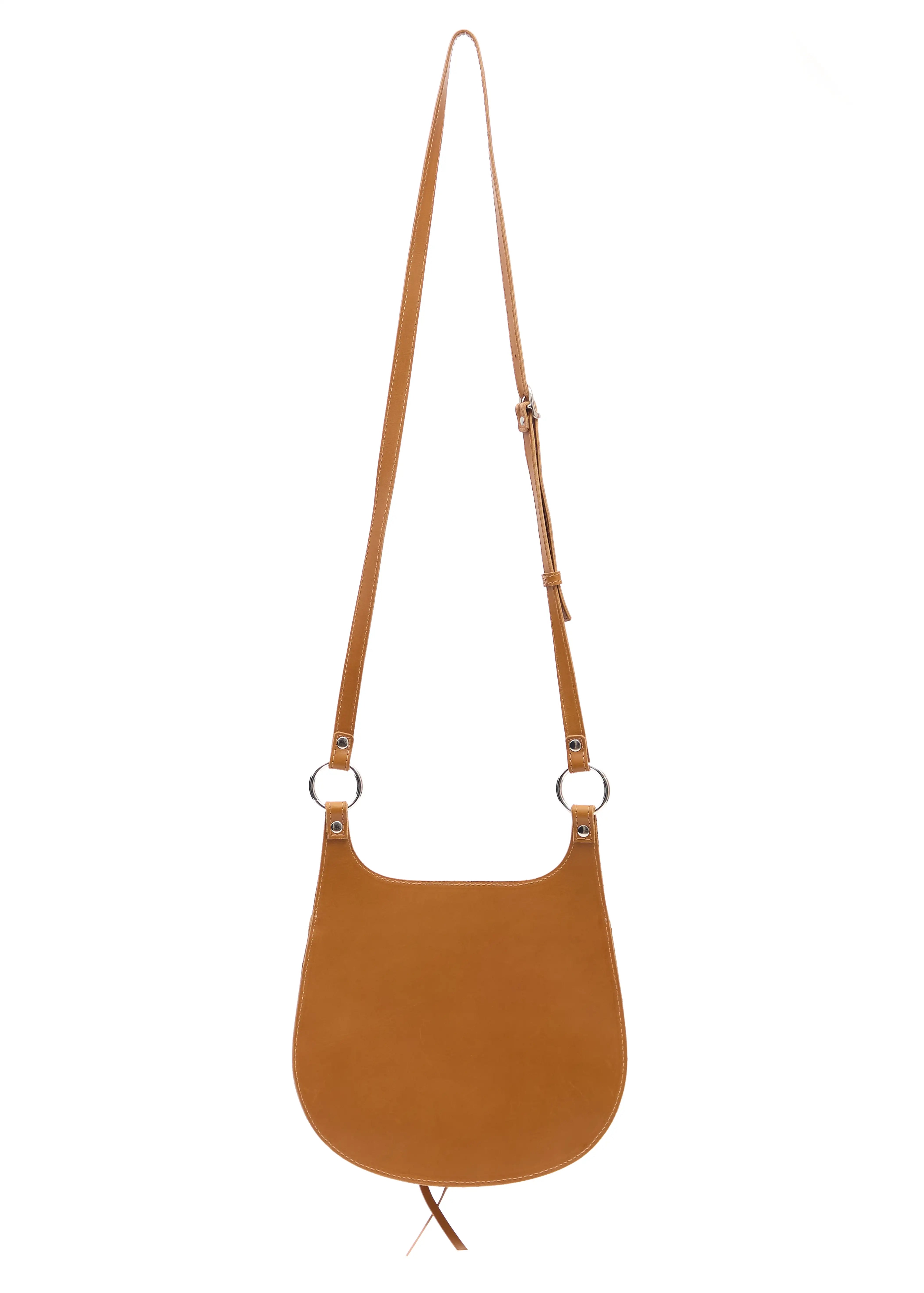 Back view of the Philini Cowboy Crossbody Bag in cognac calf leather, smooth curved silhouette with flat back panel and adjustable leather strap. Premium made leather mini purse.