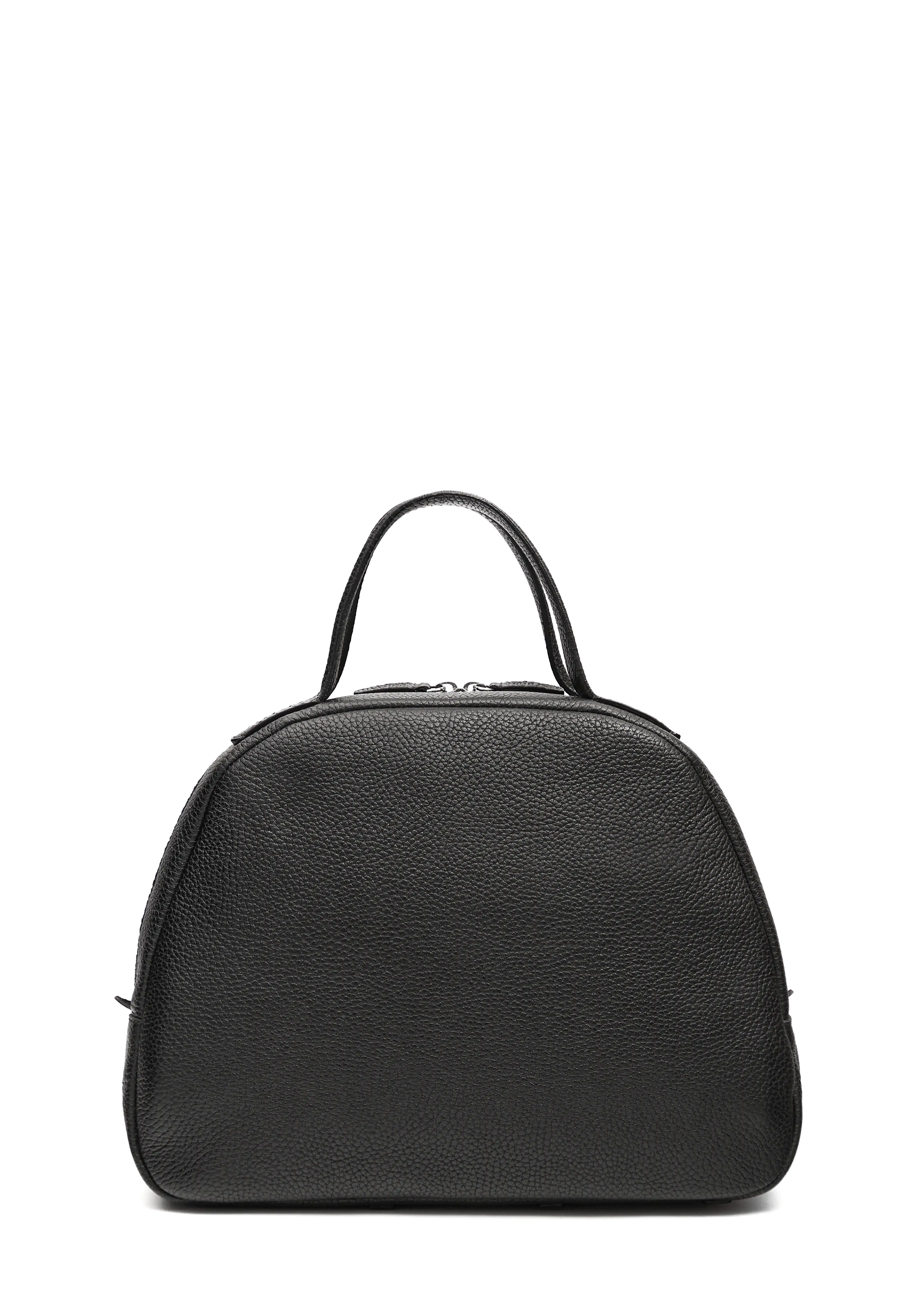 Back view of the Philini Domi Black Dome Handbag, crafted from premium buffalo leather with short handles, silver rivets, and a sleek zipper. This eco-conscious leather bag is a sustainable designer accessory.
