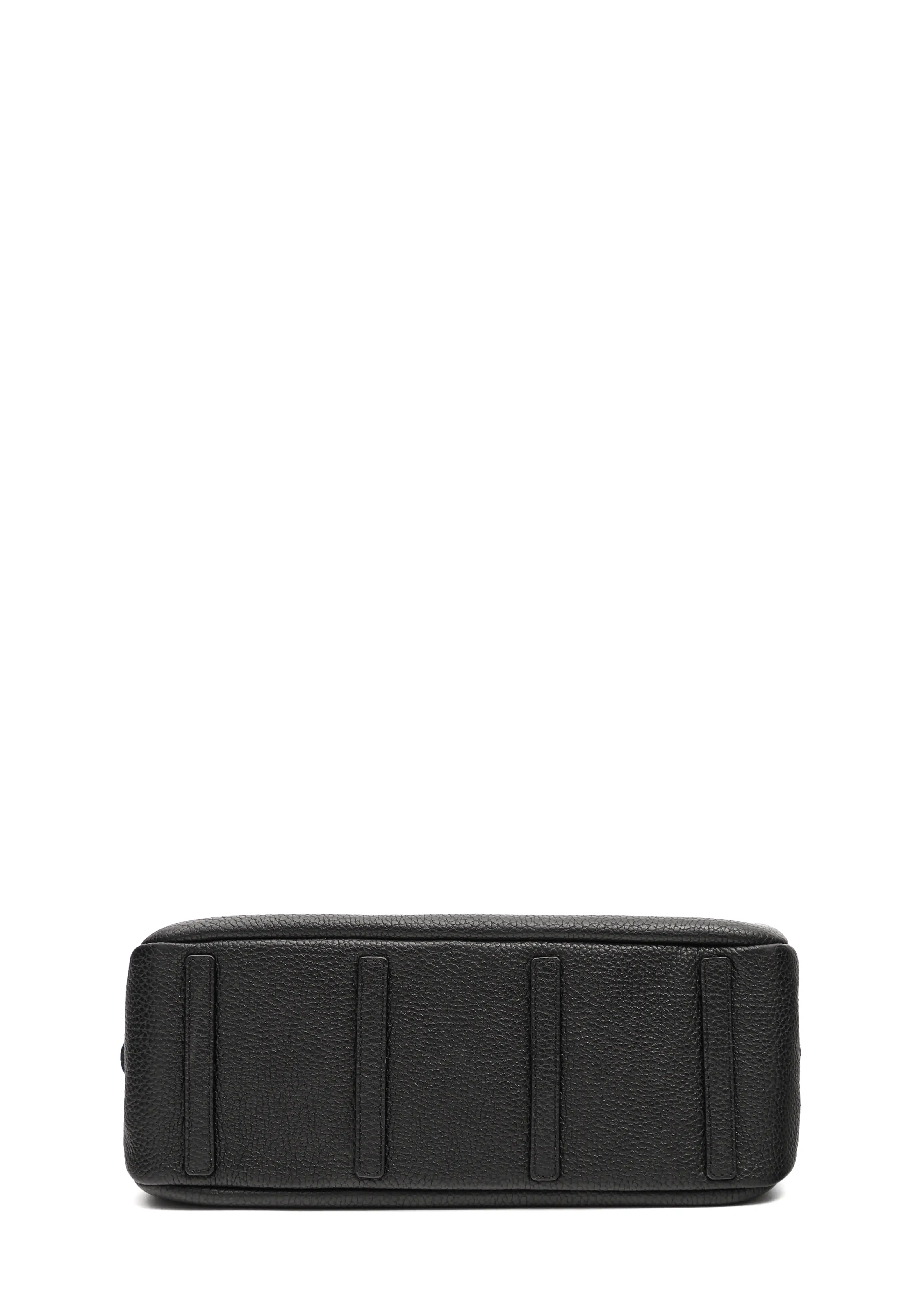 Bottom view of the Philini Domi Black Dome Handbag, crafted from premium buffalo leather with four small leather pads as protective feet. This sustainable leather bag is a timeless accessory, ideal for minimalist style
