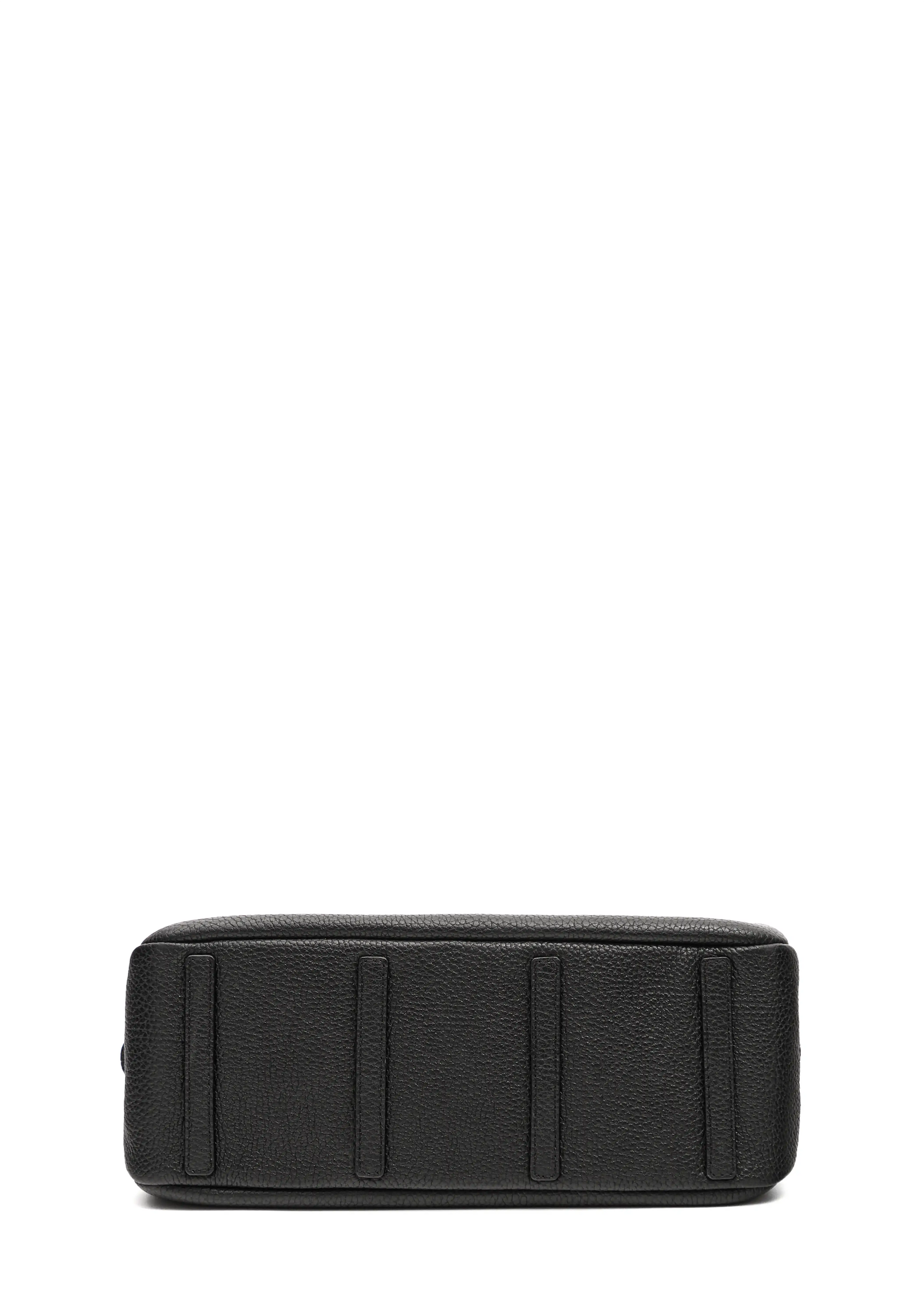 Bottom view of the Philini Domi Black Dome Handbag, crafted from premium buffalo leather with four small leather pads as protective feet. This sustainable leather bag is a timeless accessory, ideal for minimalist style