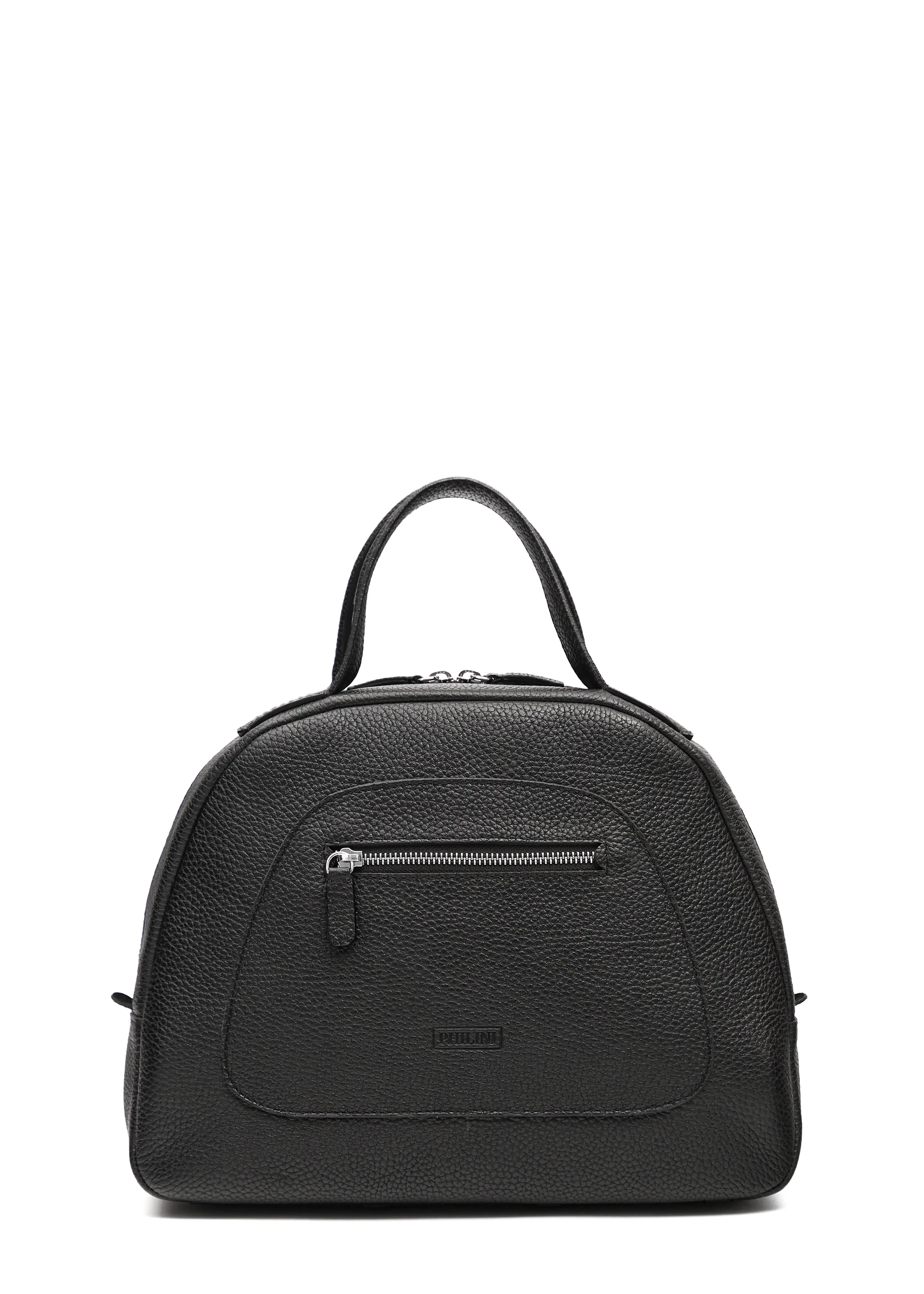 Front view of the Philini Domi Black Handbag, dome-shaped and crafted from buffalo leather with a small front zip pocket, short handles, and silver rivets. A luxury, handcrafted leather bag.