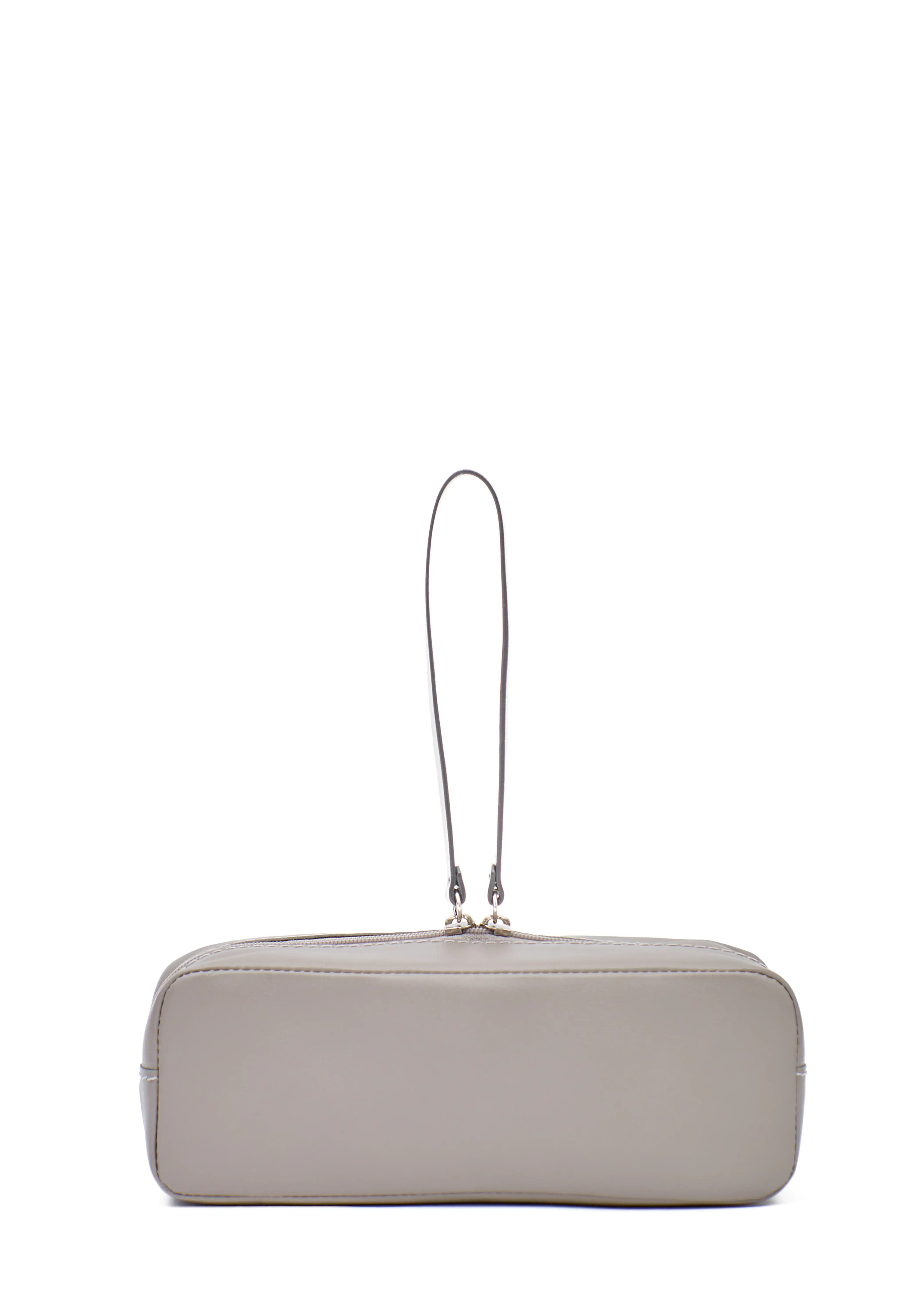 Back view of the Philini Ellie Cosmetic Bag in taupe aniline leather, showing zip closure with leather pull. Minimalist and compact beauty case