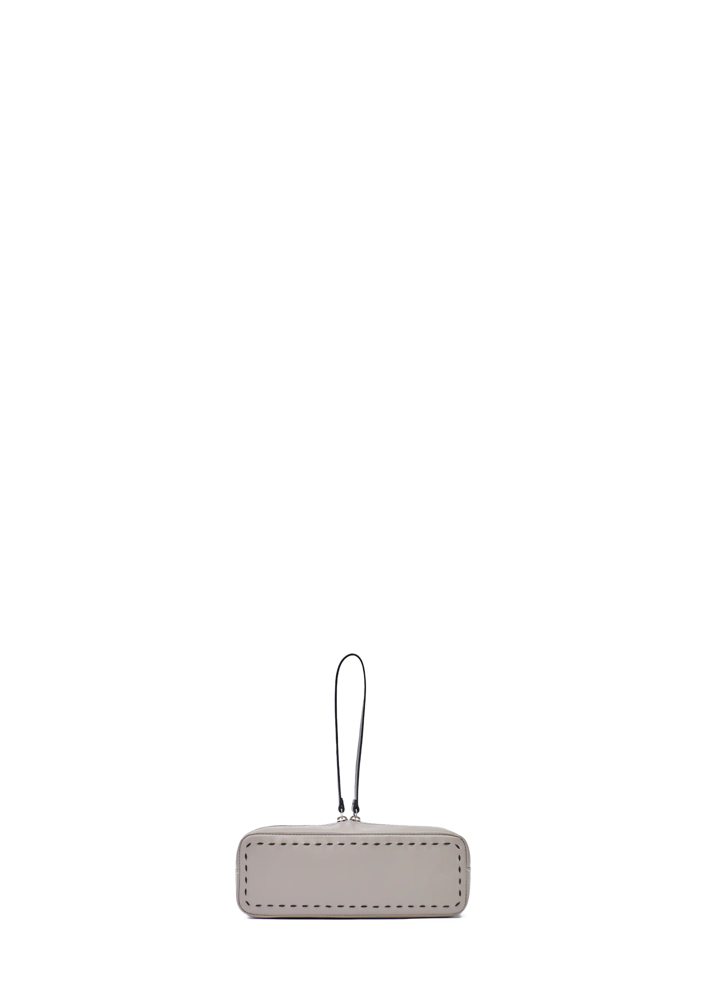 Front view of the Philini Ellie Cosmetic Bag in taupe aniline leather, featuring zip closure with leather pull and hand-stitched details. Minimalist small leather makeup bag
