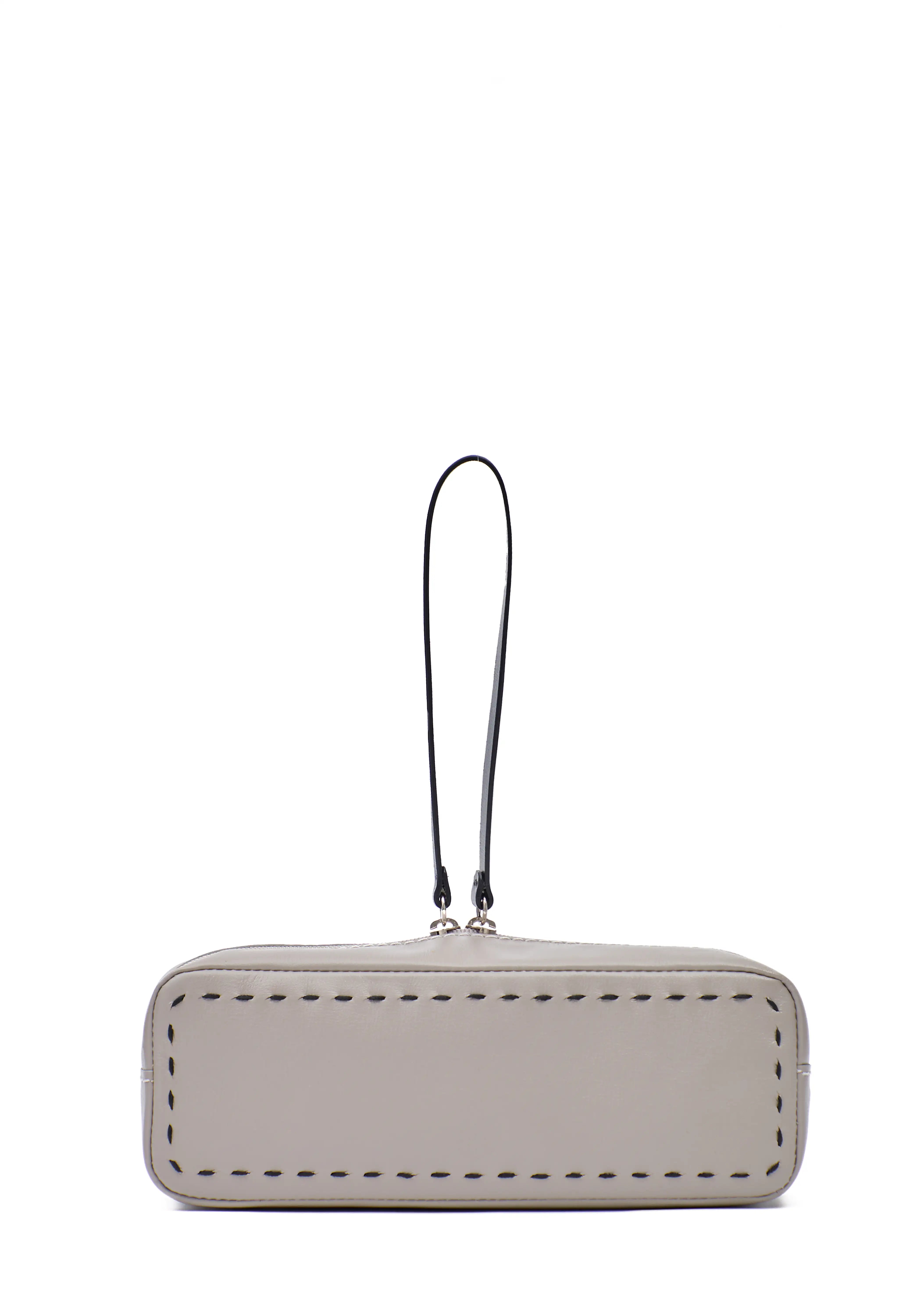 Close front view of the Philini Ellie Cosmetic Bag with a compact rectangular shape in taupe aniline leather, featuring hand-stitched details and a zip closure with a leather pull. Elegant small travel bag.