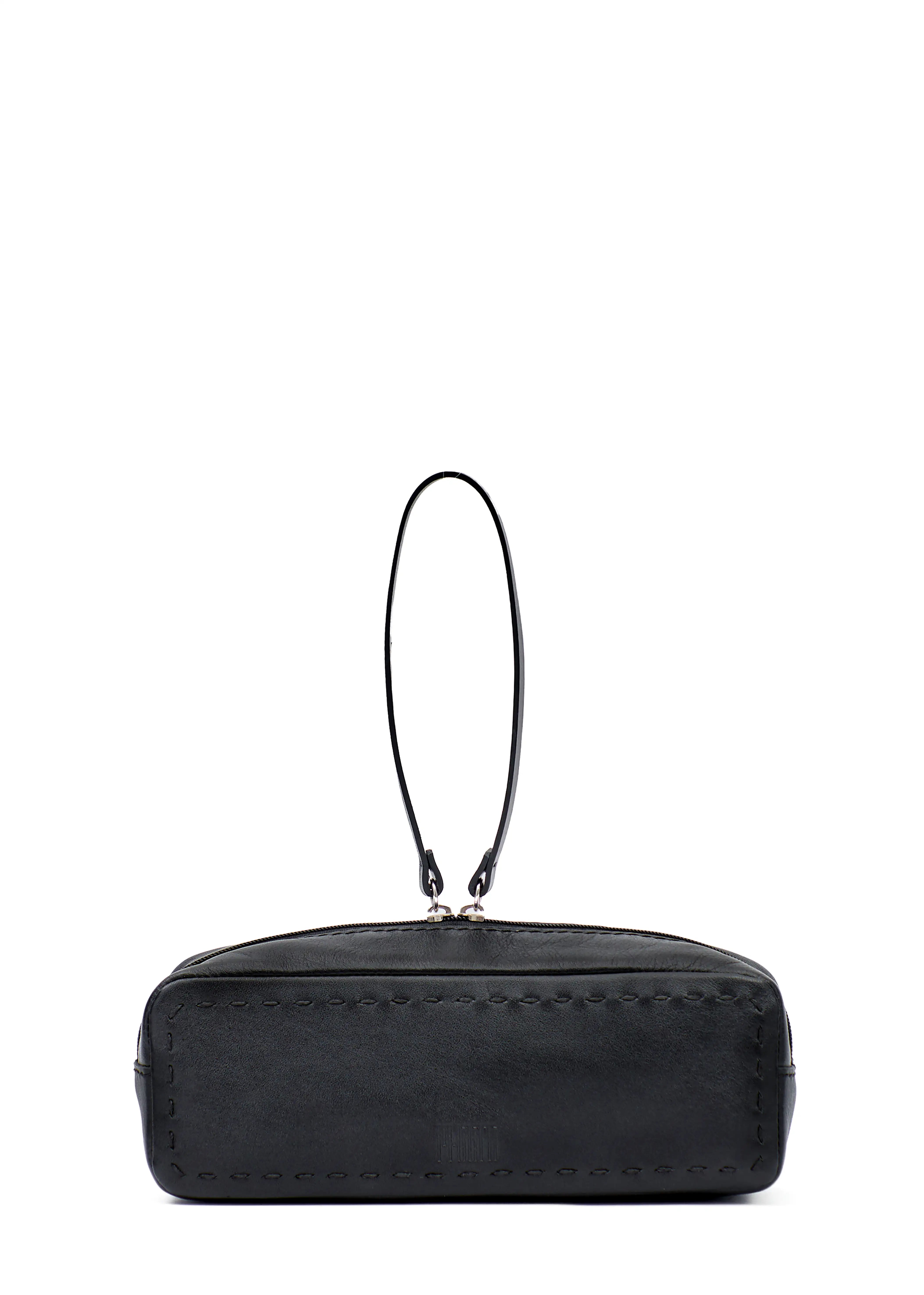Close front view of the Philini Ellie Cosmetic Bag in black aniline leather, featuring a zip closure with a leather pull, hand-stitched edges, and a stamped Philini logo. Stylish a travel-friendly cosmetic organizer