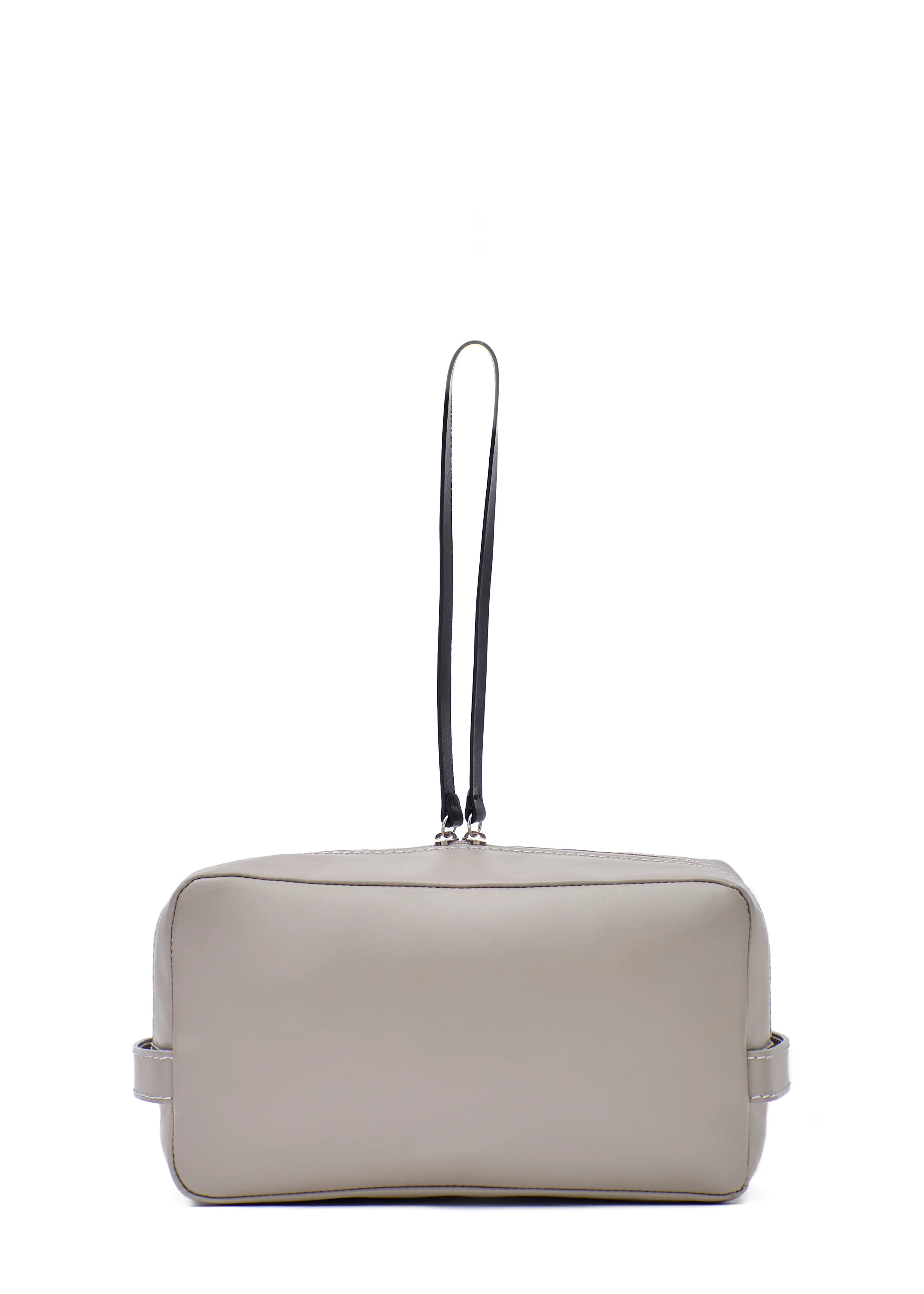 Close back view of the Philini Magdalena Pouch in taupe aniline calf leather, rectangular shape with two short side handles and zip closure with leather pull.  A luxurious leather cosmetic bag with an elegant design