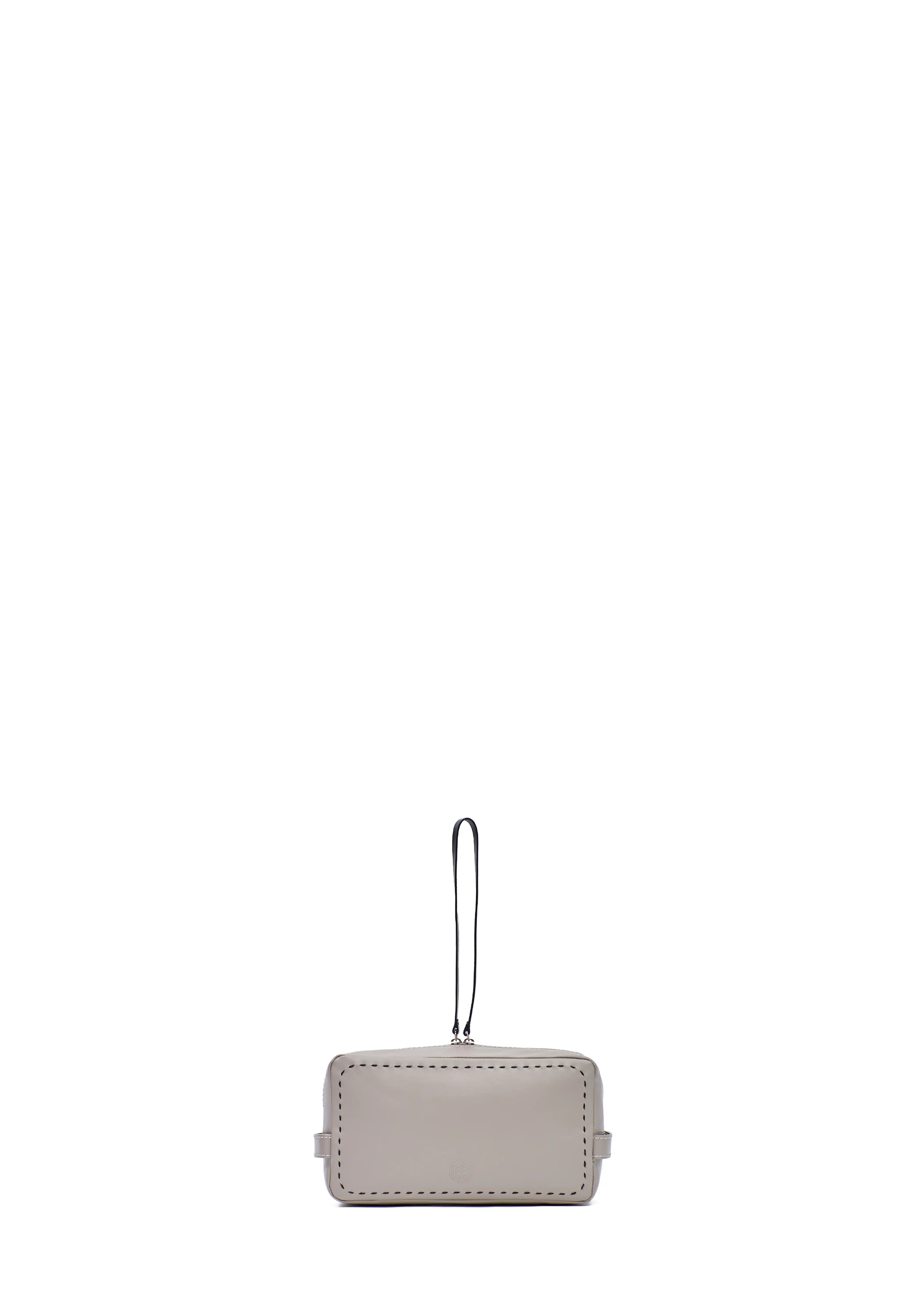 Front view of the Philini Magdalena Pouch in taupe leather, rectangular shape with two short handles, zip closure with leather pull, and visible hand-stitched sides. Elegant small leather pouch