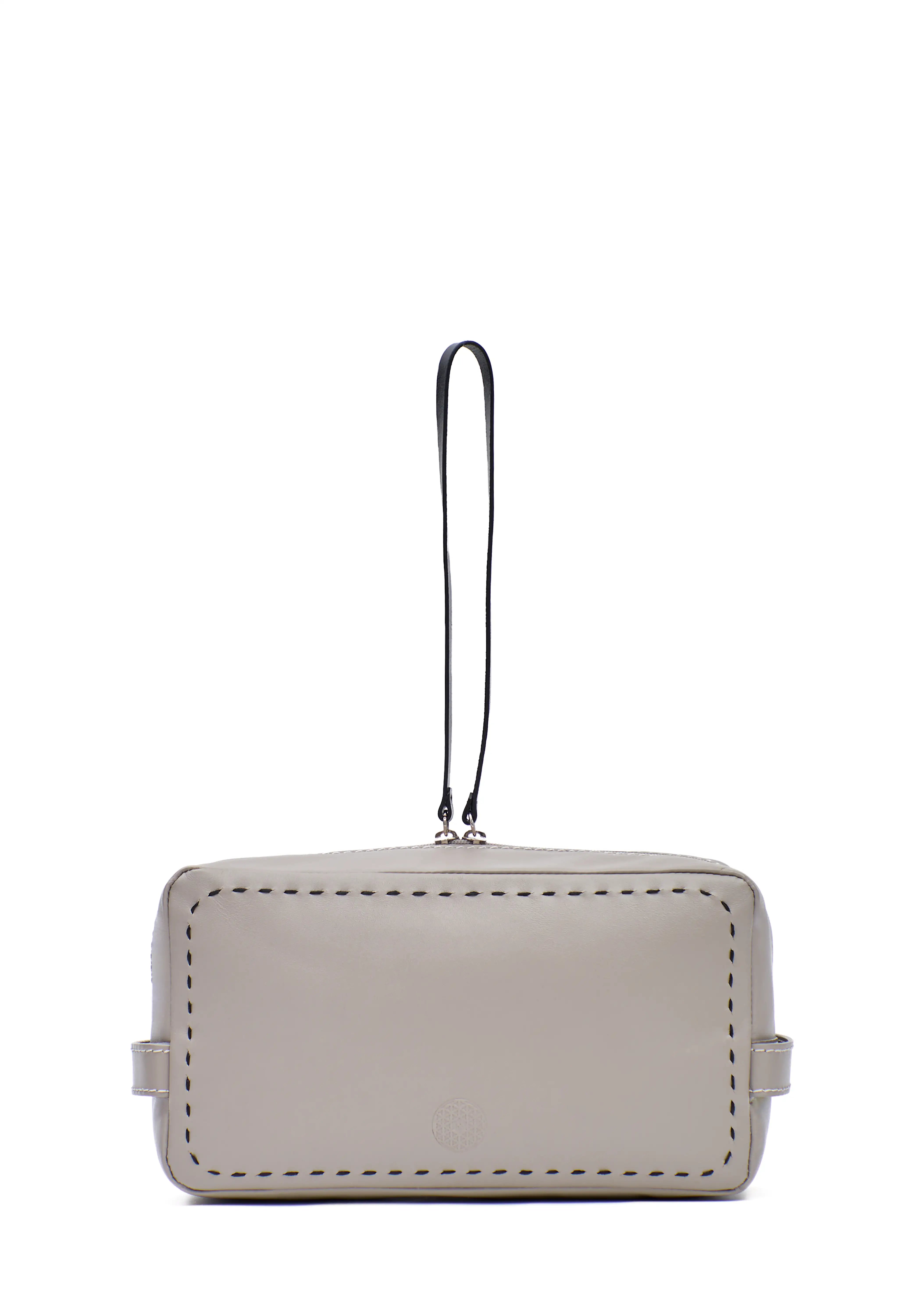 Close front view of the Philini Magdalena Pouch in taupe leather, rectangular shape with two short handles, zip closure with leather pull, hand-stitched sides, and stamped logo. Minimalist small leather pouch for travelling