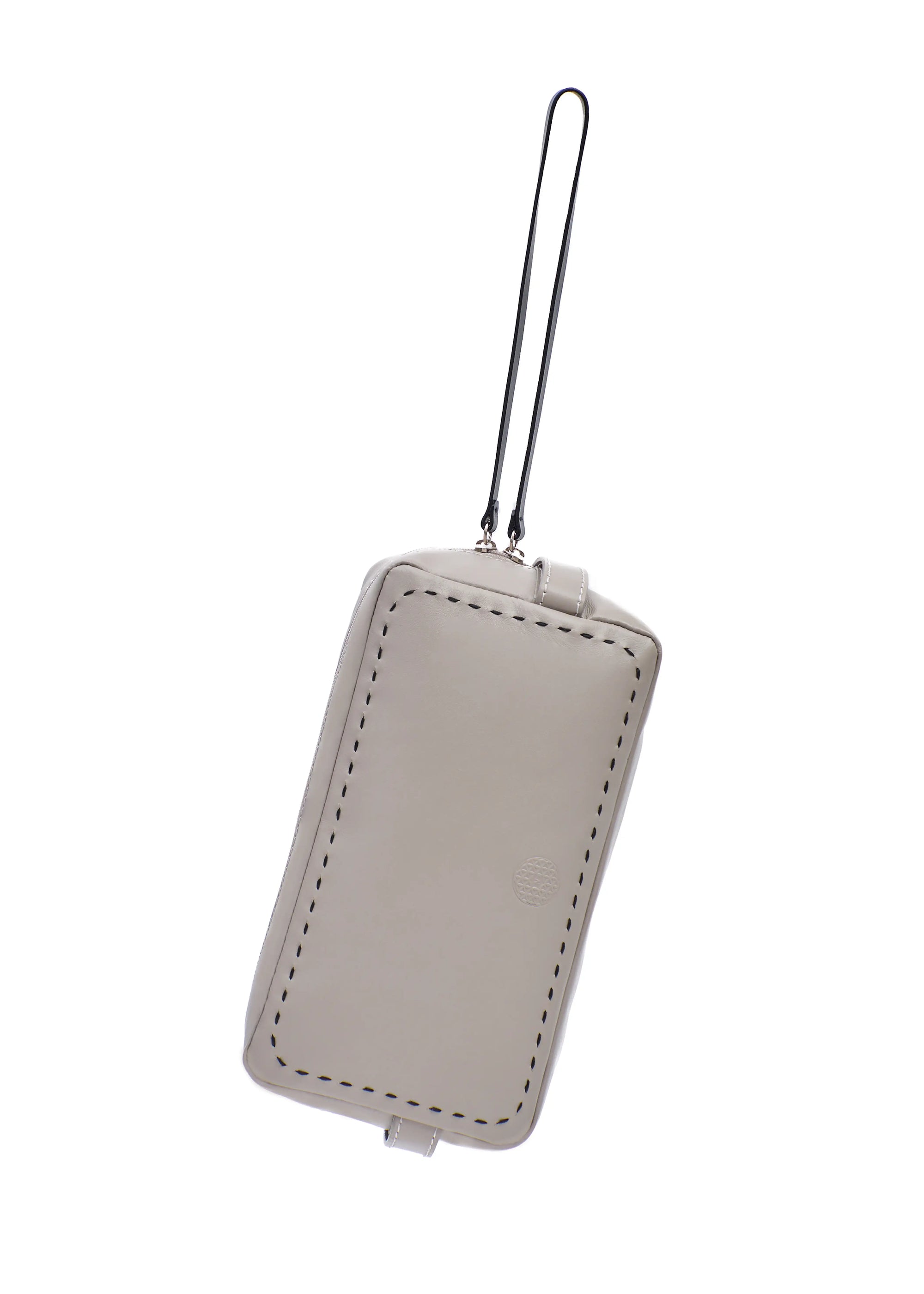 Front view of the Philini Magdalena taupe leather pouch with rectangular shape. Minimalist leather cosmetic bag, elegant small leather accessory.