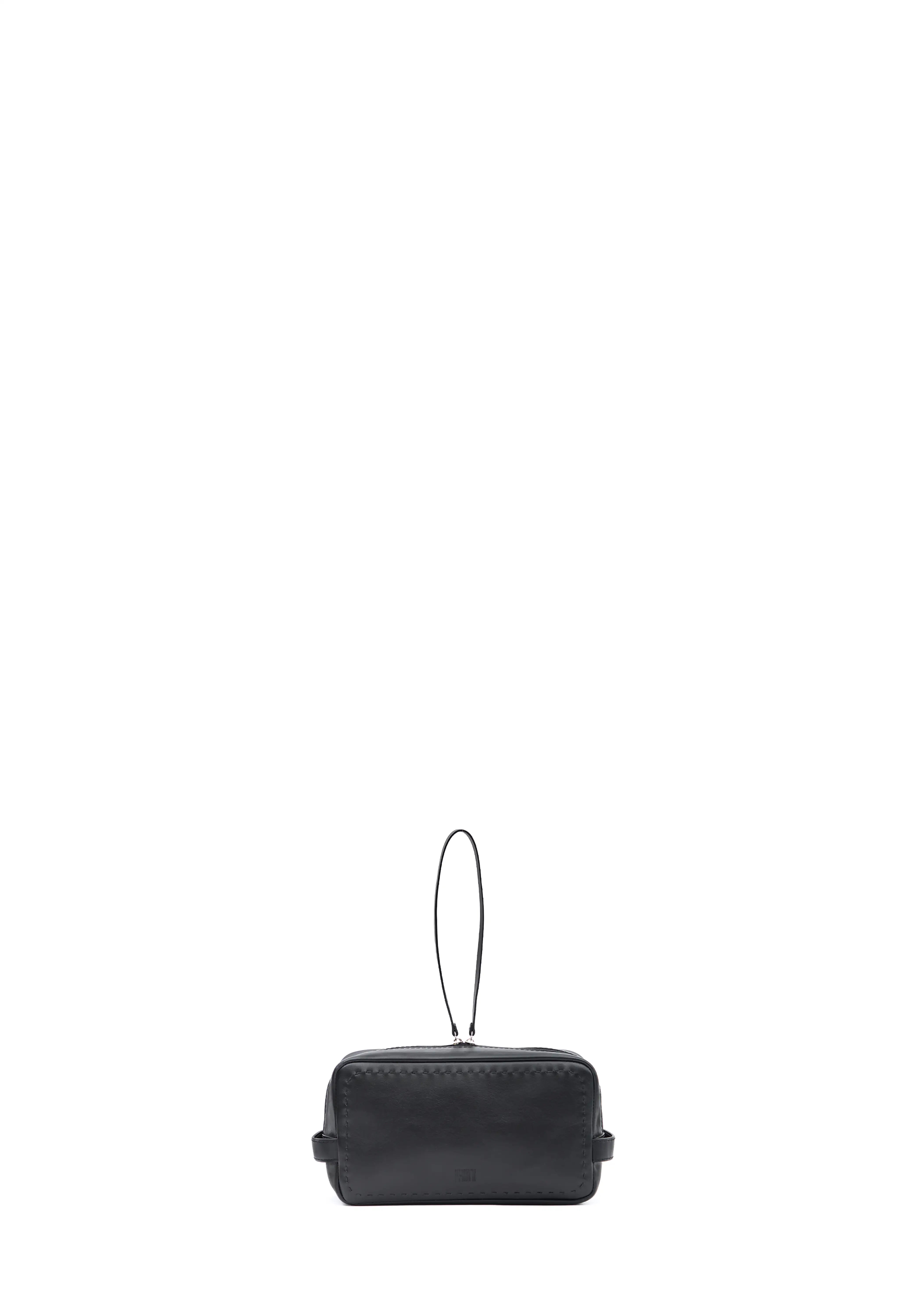 Front view of the Philini Magdalena Pouch in black nappa leather, rectangular silhouette with two short handles, zip closure with leather pull, and hand-stitched edges. Minimalist black makeup pouch