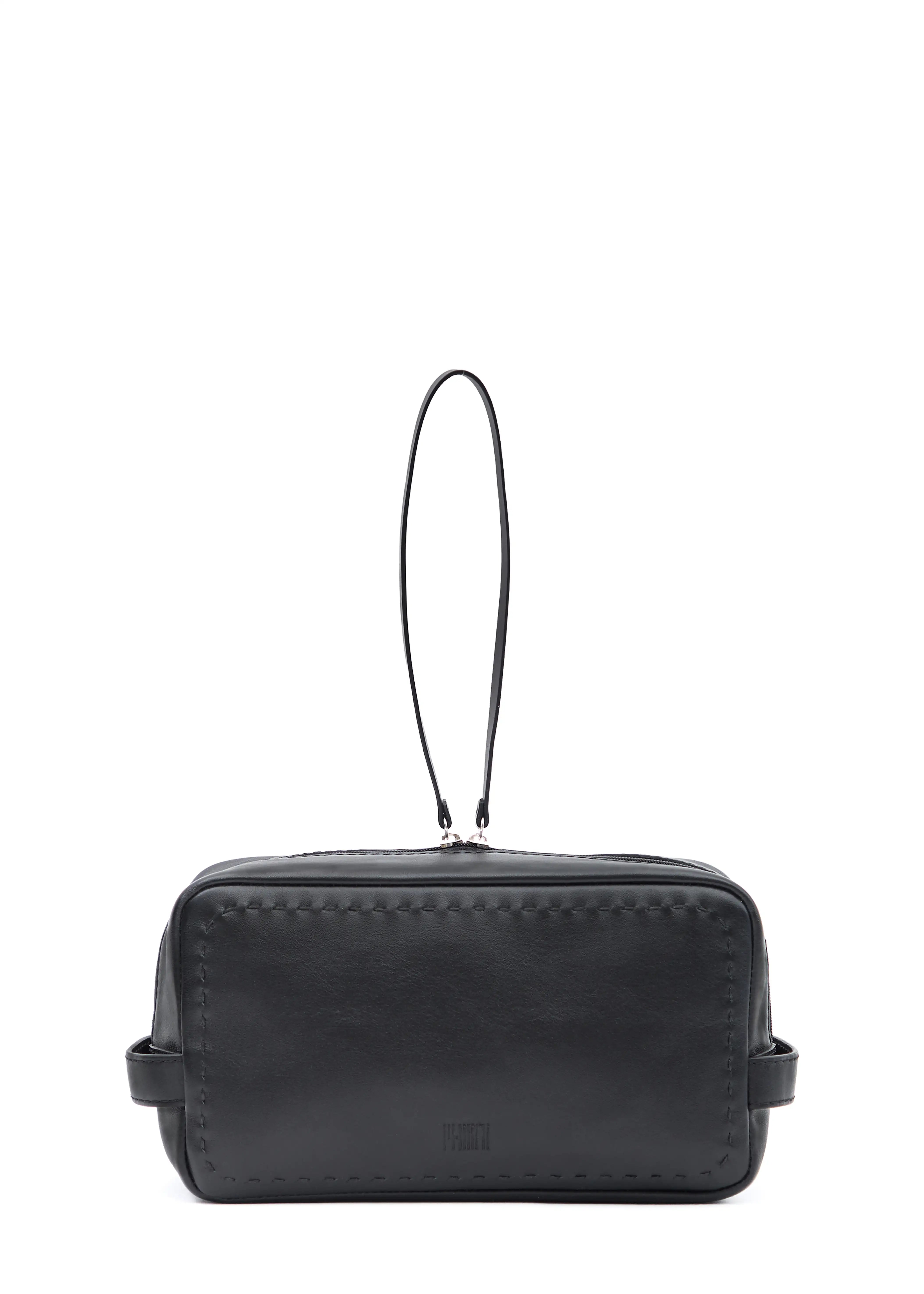 Close front view of the Philini Magdalena Pouch in black leather, rectangular design with two short handles, zip closure, hand-stitched edges, and stamped Philini logo—organiser for daily essentials.