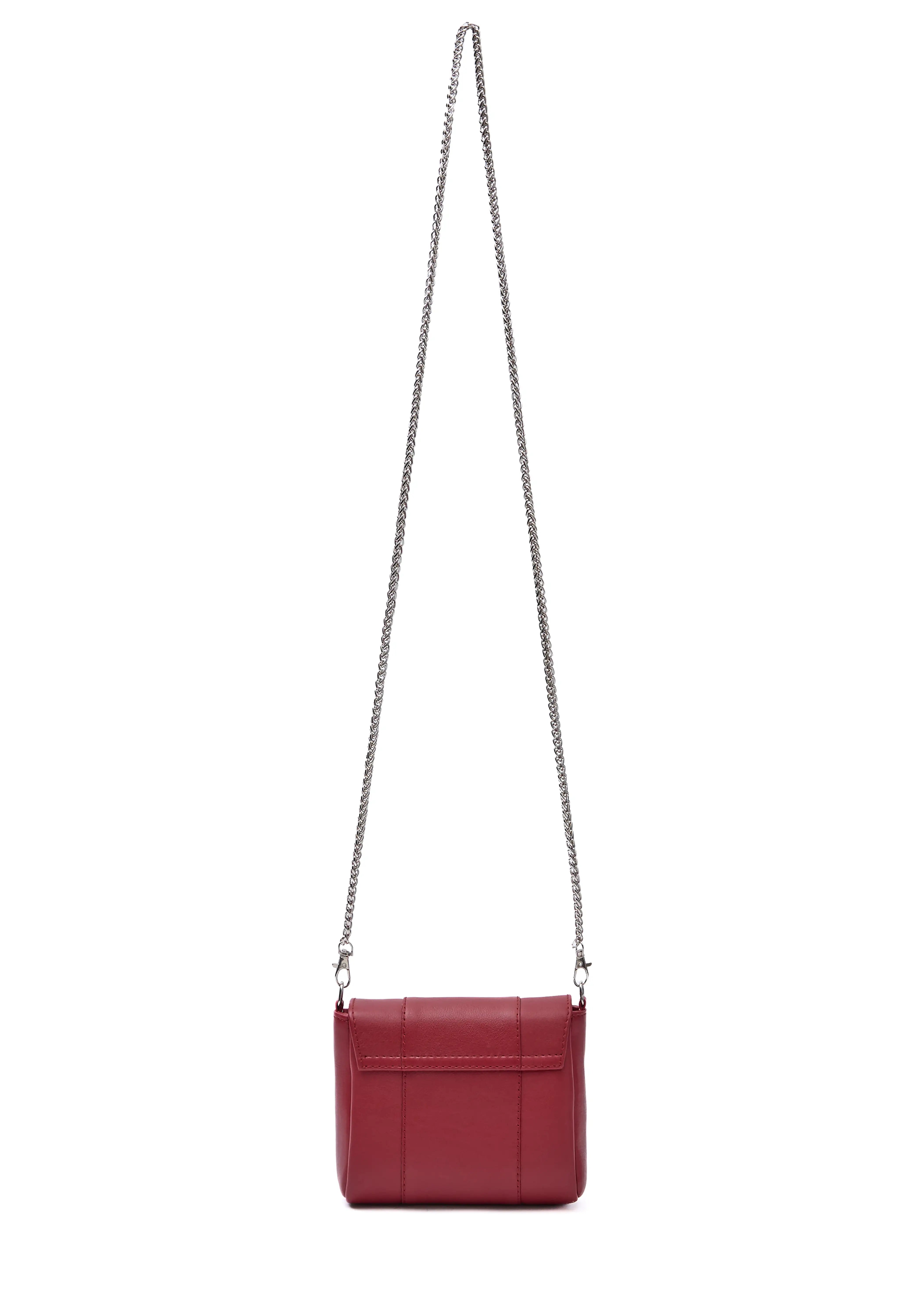 Back view of the Philini Marina Mini Crossbody Bag in red nappa leather, rectangular silhouette with front flap and silver chain shoulder strap. Elegant handcrafted mini handbag