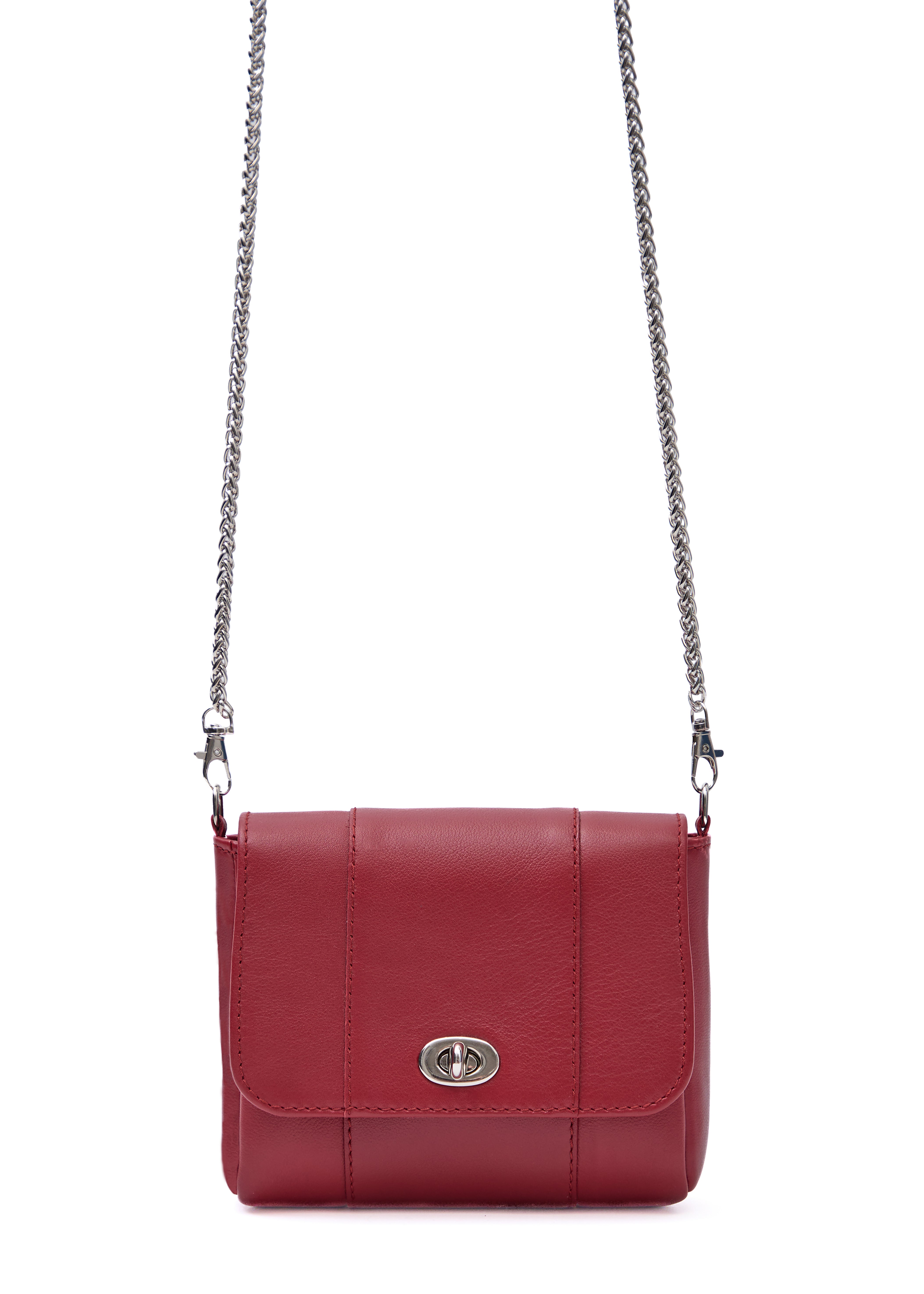 Close front view of the Philini Marina Mini Crossbody Bag in red nappa leather, showing front flap with silver clasp and carabiner-attached chain handle. Ethical luxury purse made for modern elegance