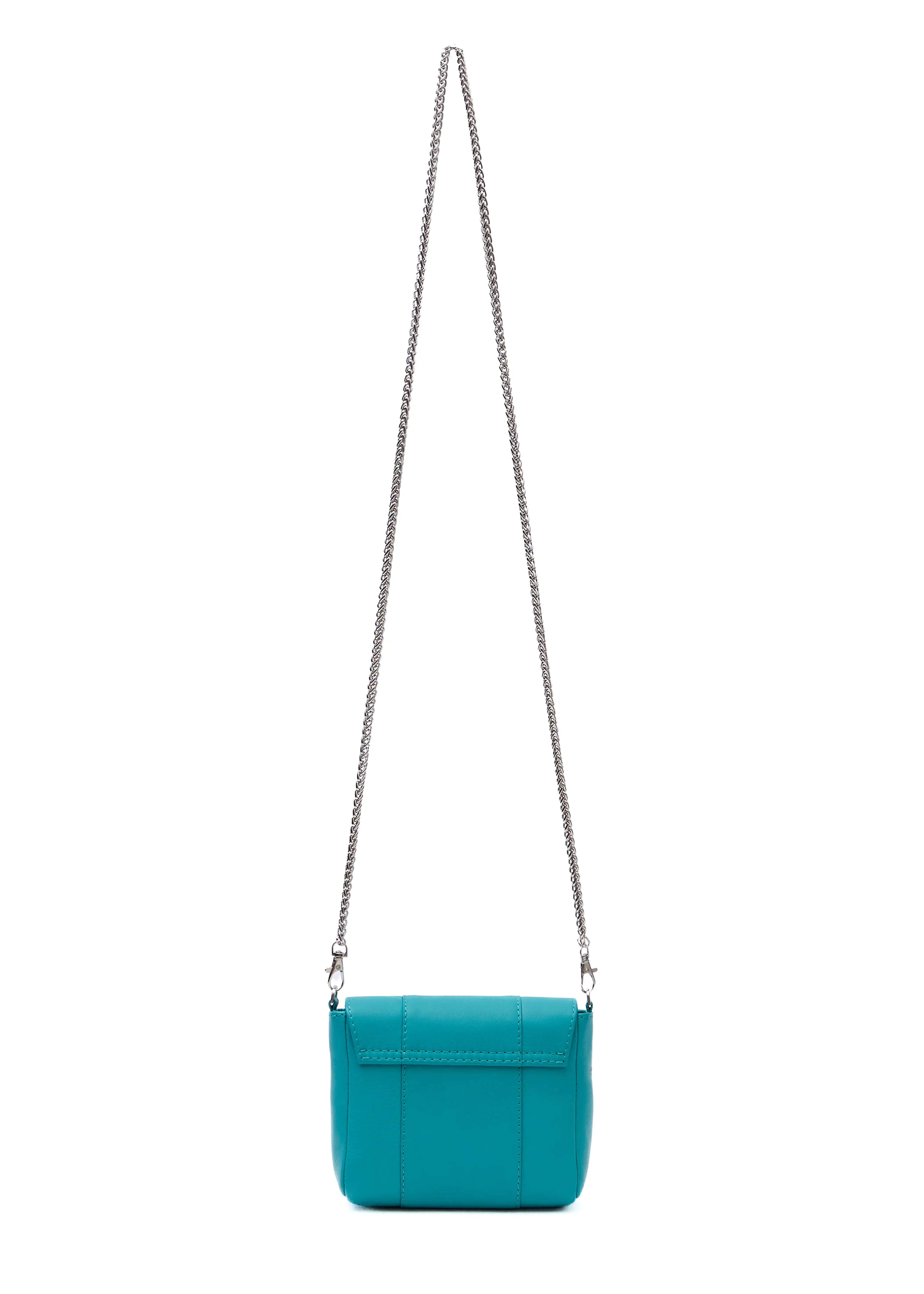 Back view of the Philini Marina Mini Crossbody Bag in turquoise calf leather, rectangular silhouette with front flap and silver chain shoulder strap. Handcrafted designer bag in a striking turquoise tone