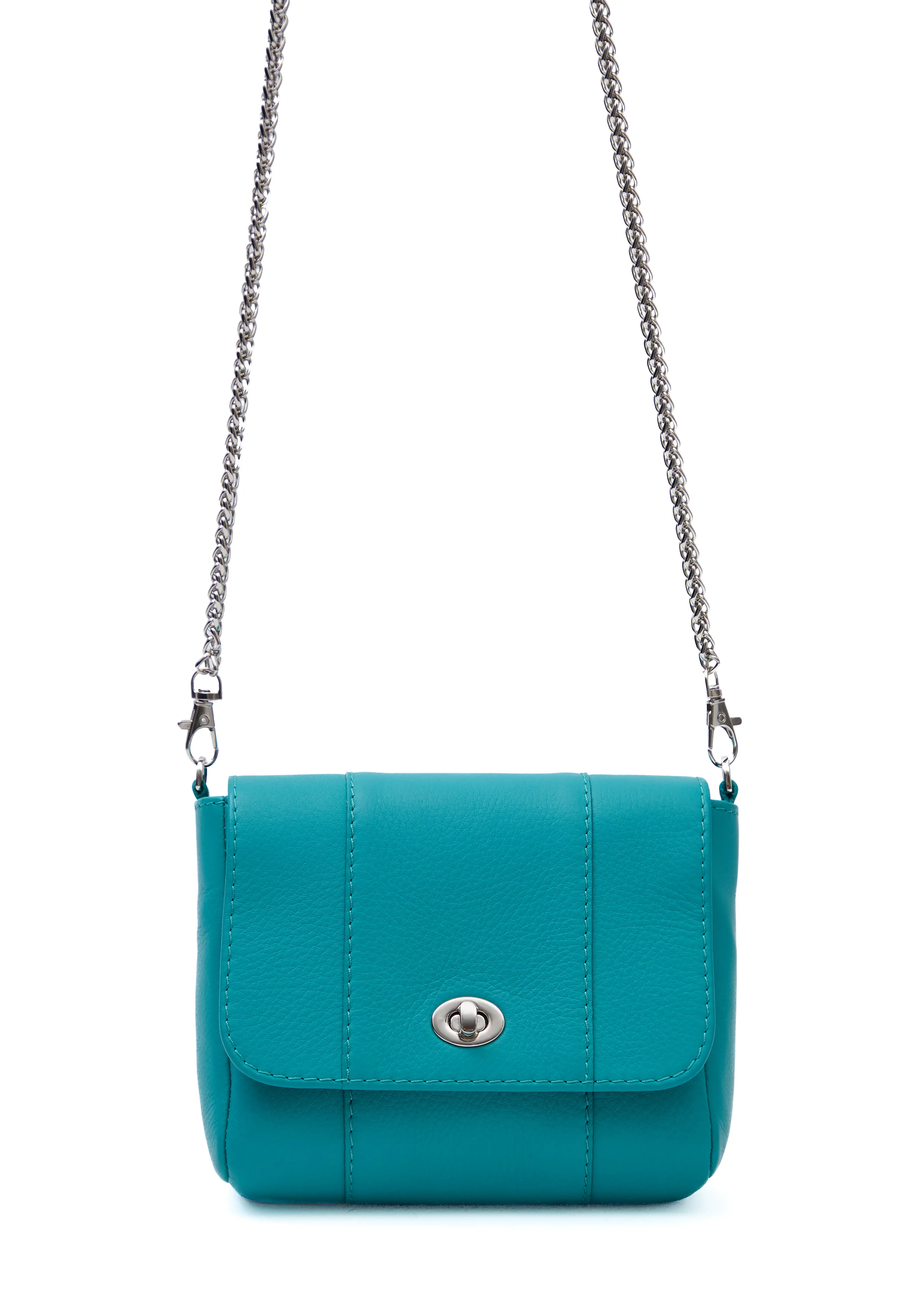 Close front view of the Philini Marina Mini Crossbody Bag in turquoise calf leather, showing front flap with silver clasp and carabiner-attached chain handle. Bright luxury accessory
