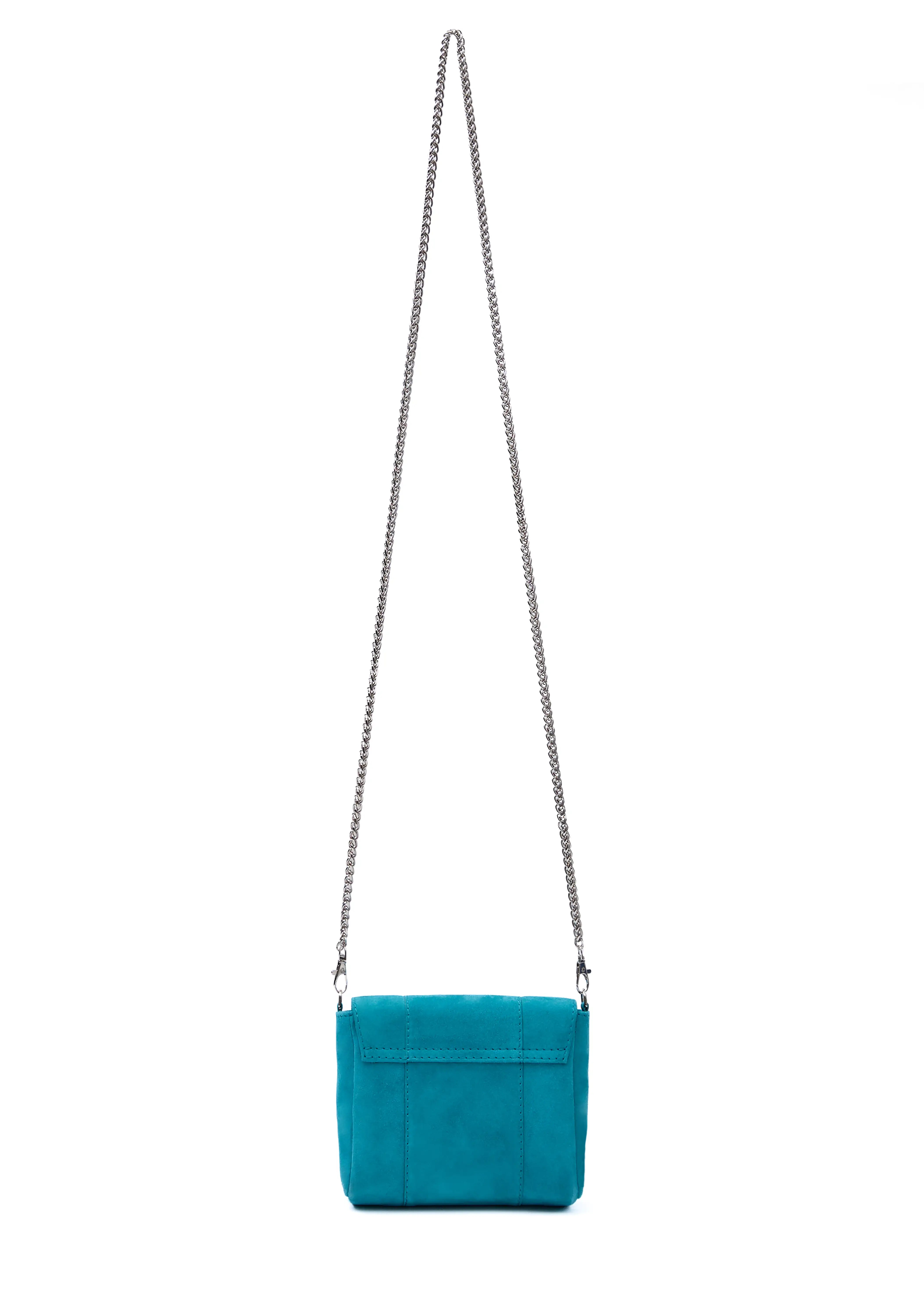 Back view of the Philini Marina Mini Crossbody Bag in turquoise suede leather, rectangular silhouette with front flap and silver chain shoulder strap. Handcrafted suede designer bag