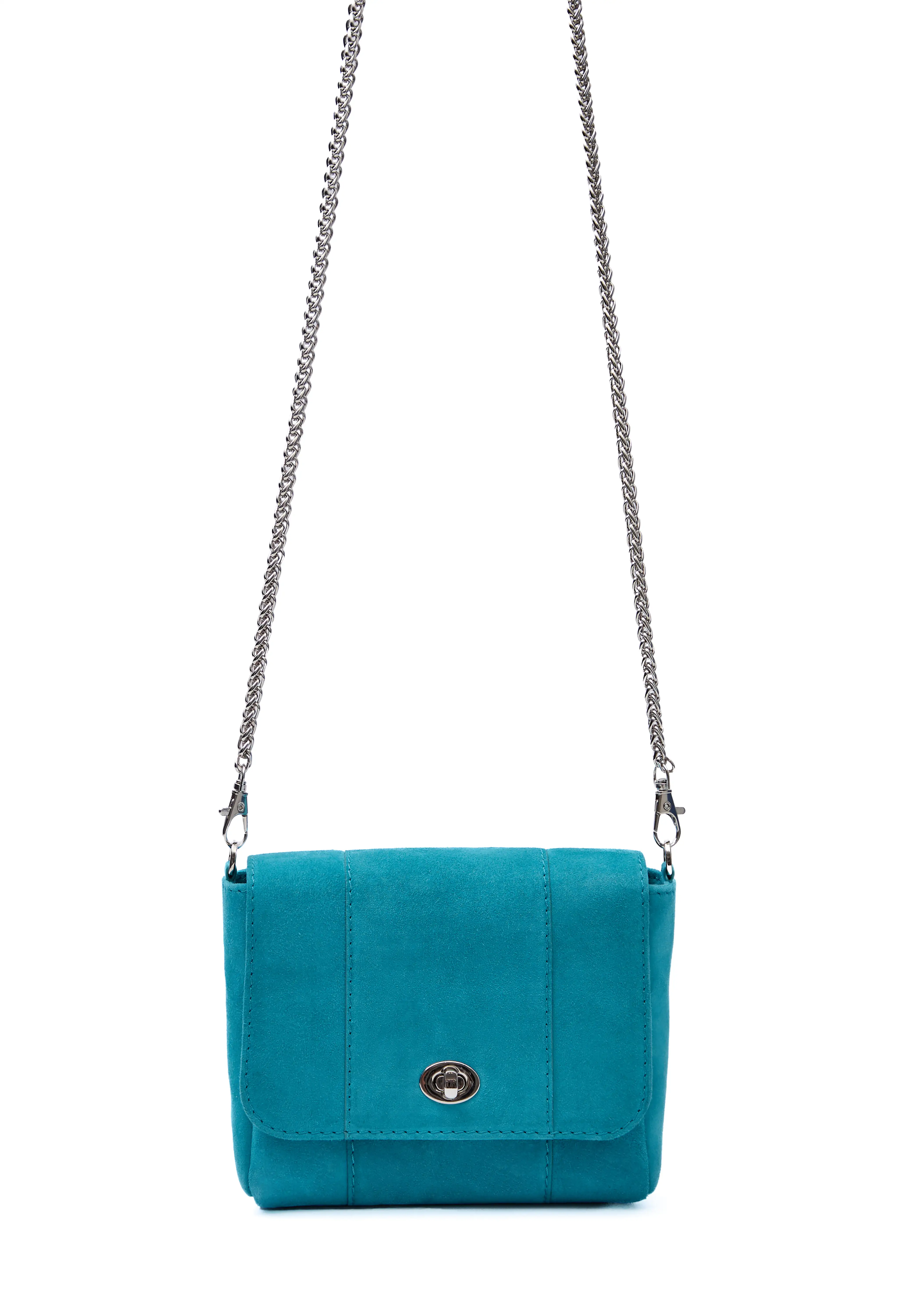 Close front view of the Philini Marina Mini Crossbody Bag in turquoise suede leather, showing front flap with silver clasp and carabiner-attached chain handle. Elegant and luxurious soft-touch accessory