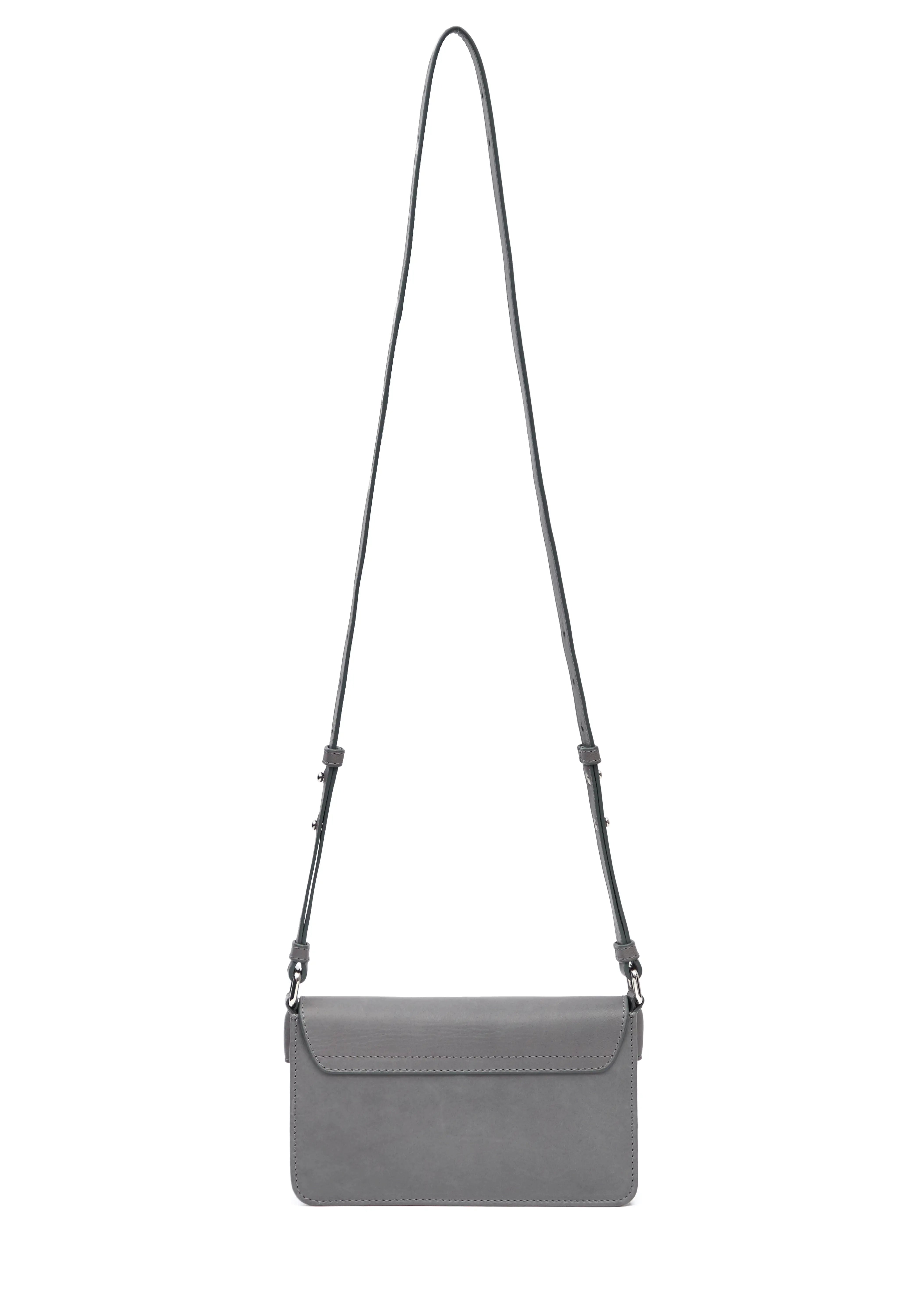 Back view of the Philini Mihaela Wallet Bag in grey nappa leather, highlighting the rectangular profile, secure stitched flap, and adjustable strap with metallic accents. This sleek wallet bag is a functional minimalist accessory.
