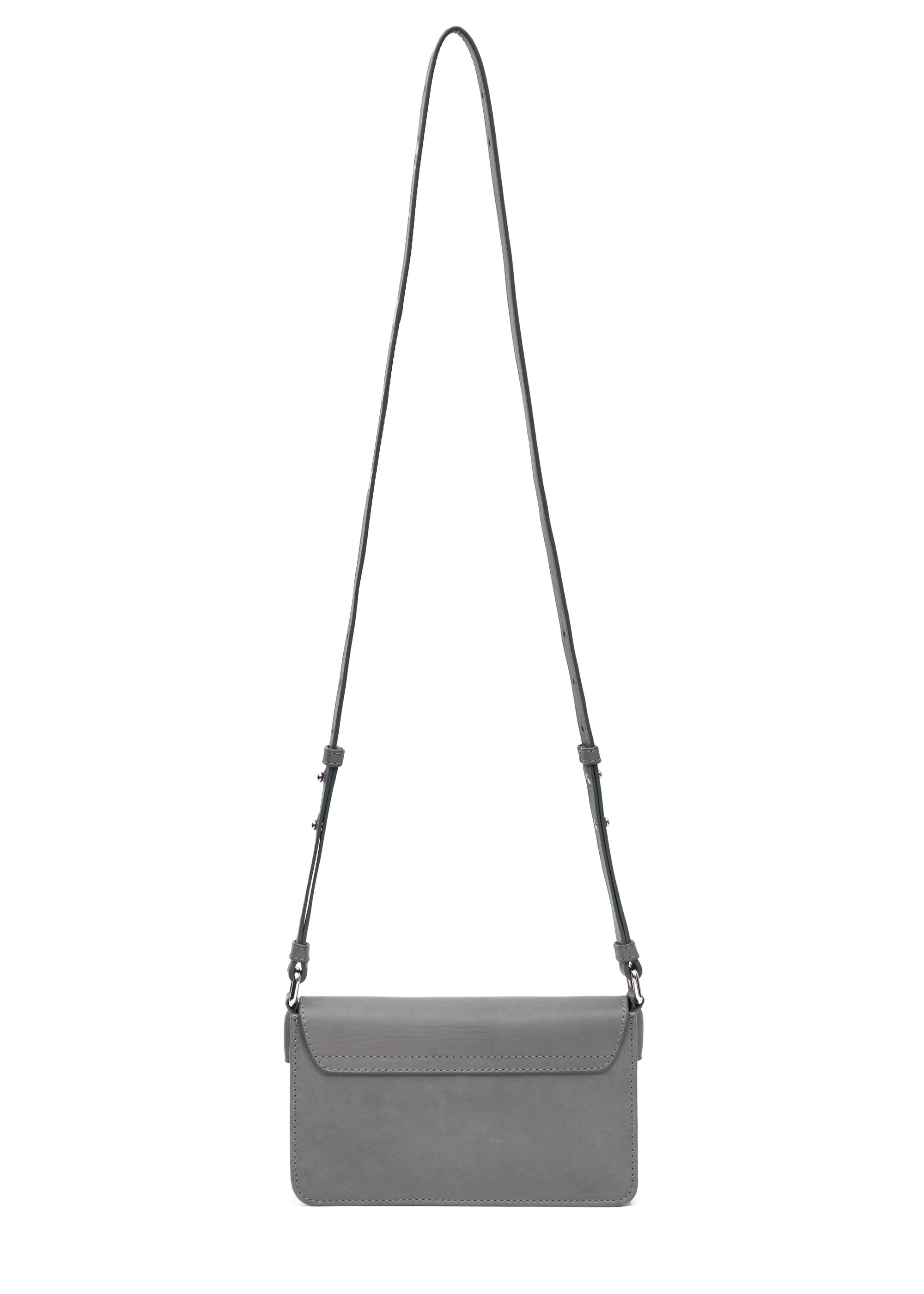 Back view of the Philini Mihaela Wallet Bag in grey nappa leather, highlighting the rectangular profile, secure stitched flap, and adjustable strap with metallic accents. This sleek wallet bag is a functional minimalist accessory.