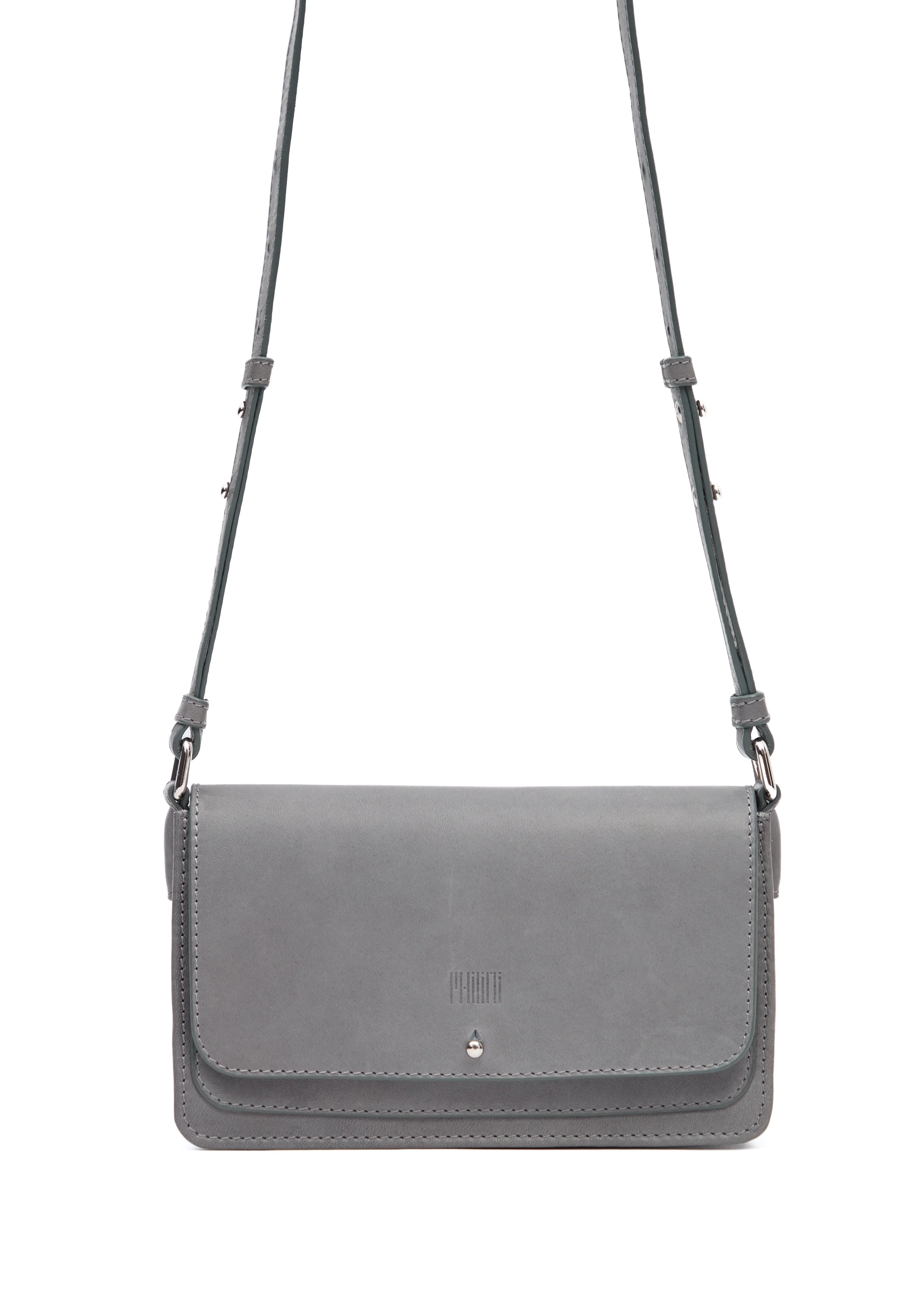 Close-up front view of the Philini Mihaela Wallet Bag in grey nappa leather, featuring a rectangular shape, front flap with silver cufflink closure, stamped logo, and an adjustable strap with silver details. This designer leather wallet crossbody is a luxury accessory.