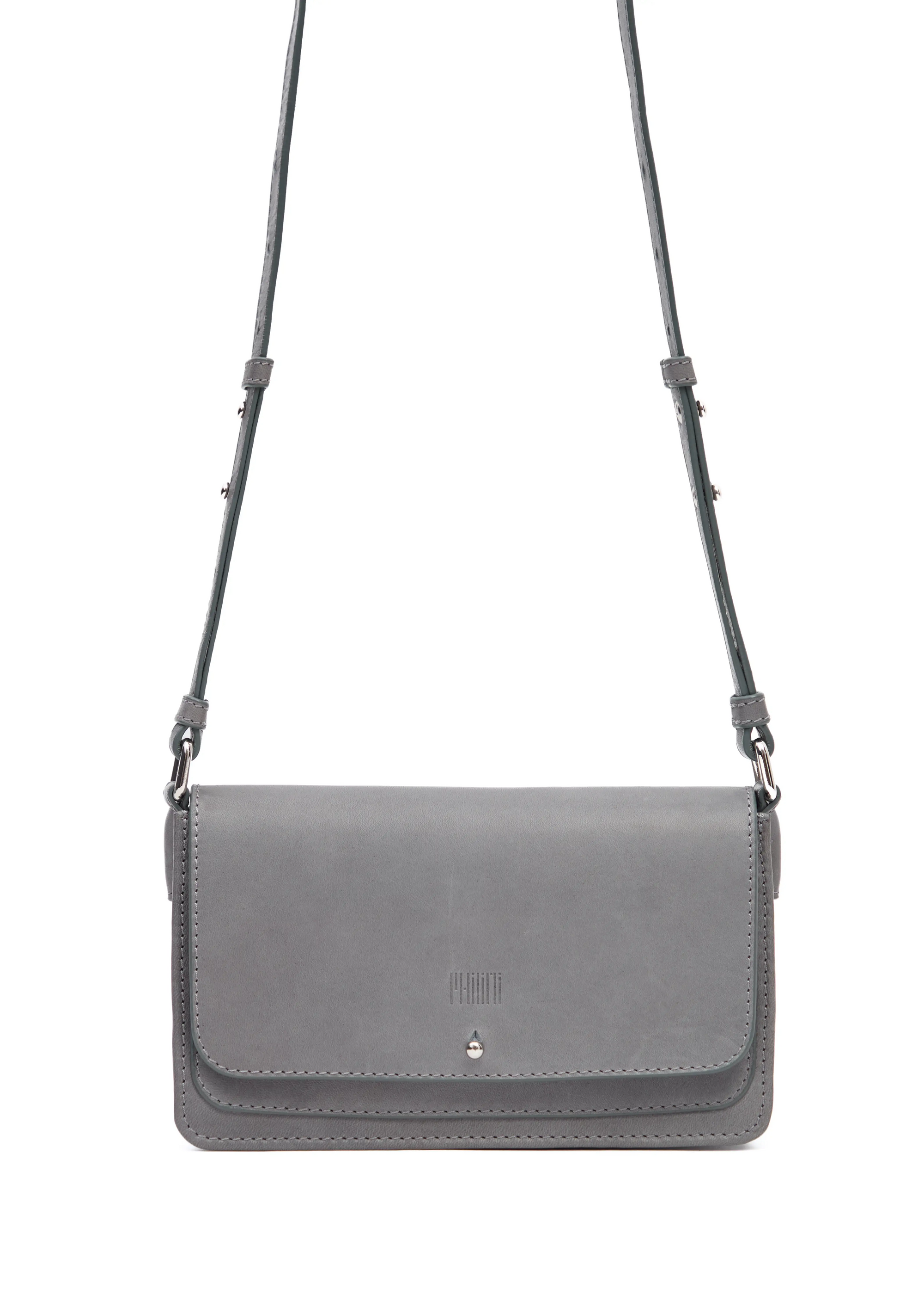 Close-up front view of the Philini Mihaela Wallet Bag in grey nappa leather, featuring a rectangular shape, front flap with silver cufflink closure, stamped logo, and an adjustable strap with silver details. This designer leather wallet crossbody is a luxury accessory.