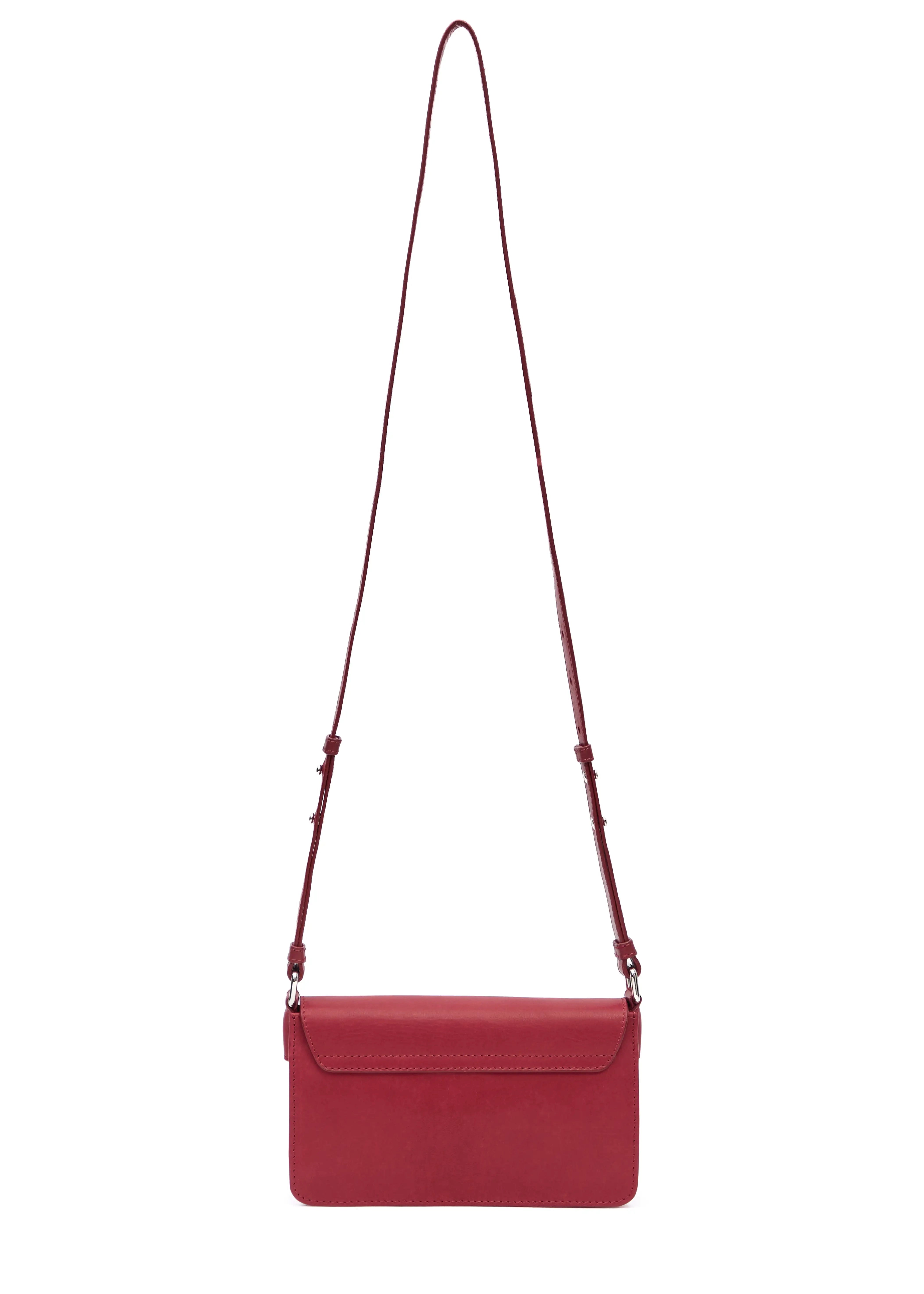Back view of the Philini Mihaela Wallet Bag in red nappa leather, showing the softly tapered rectangular shape, stitched front flap, and adjustable leather strap with silver accents.