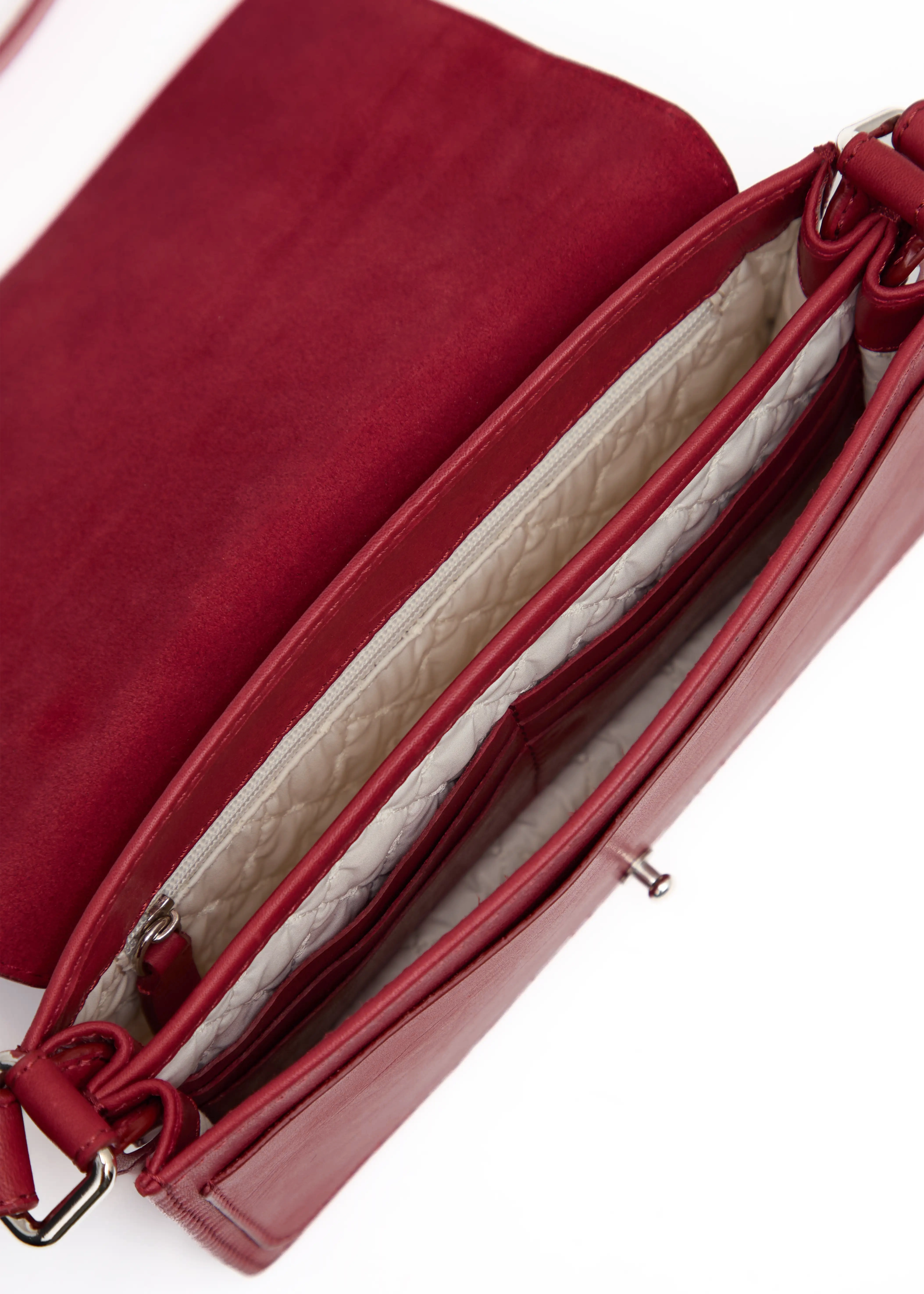 Close-up interior view of the Philini Mihaela Red Wallet Bag, showcasing a fabric lining, 3 compartments including a front flat pocket, leather card slots, and a zippered pocket