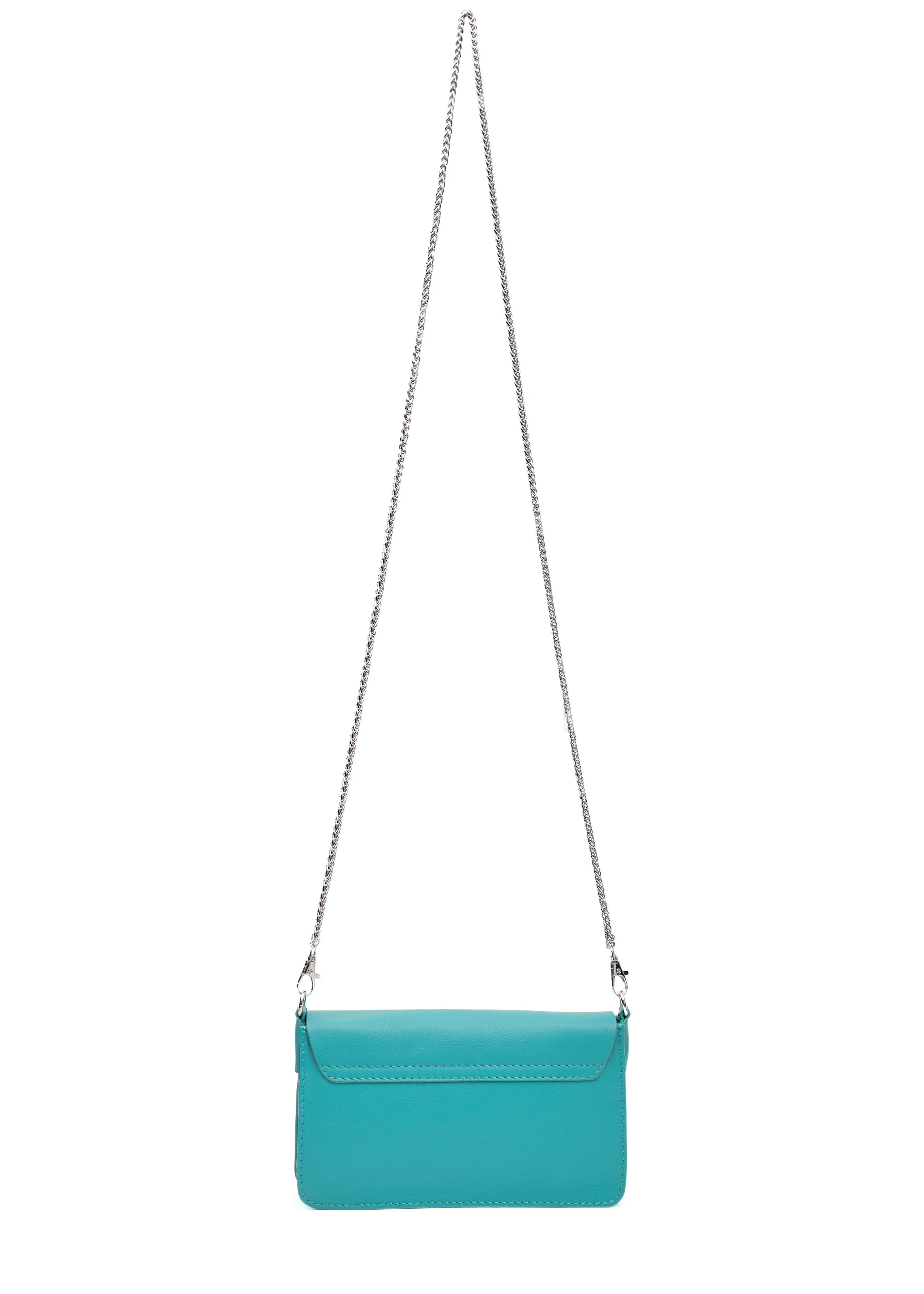 Back view of the Philini Mihaela Wallet Bag in turquoise nappa leather with a metal chain handle and stitched flap. A compact, crossbody wallet bag for designer elegance.