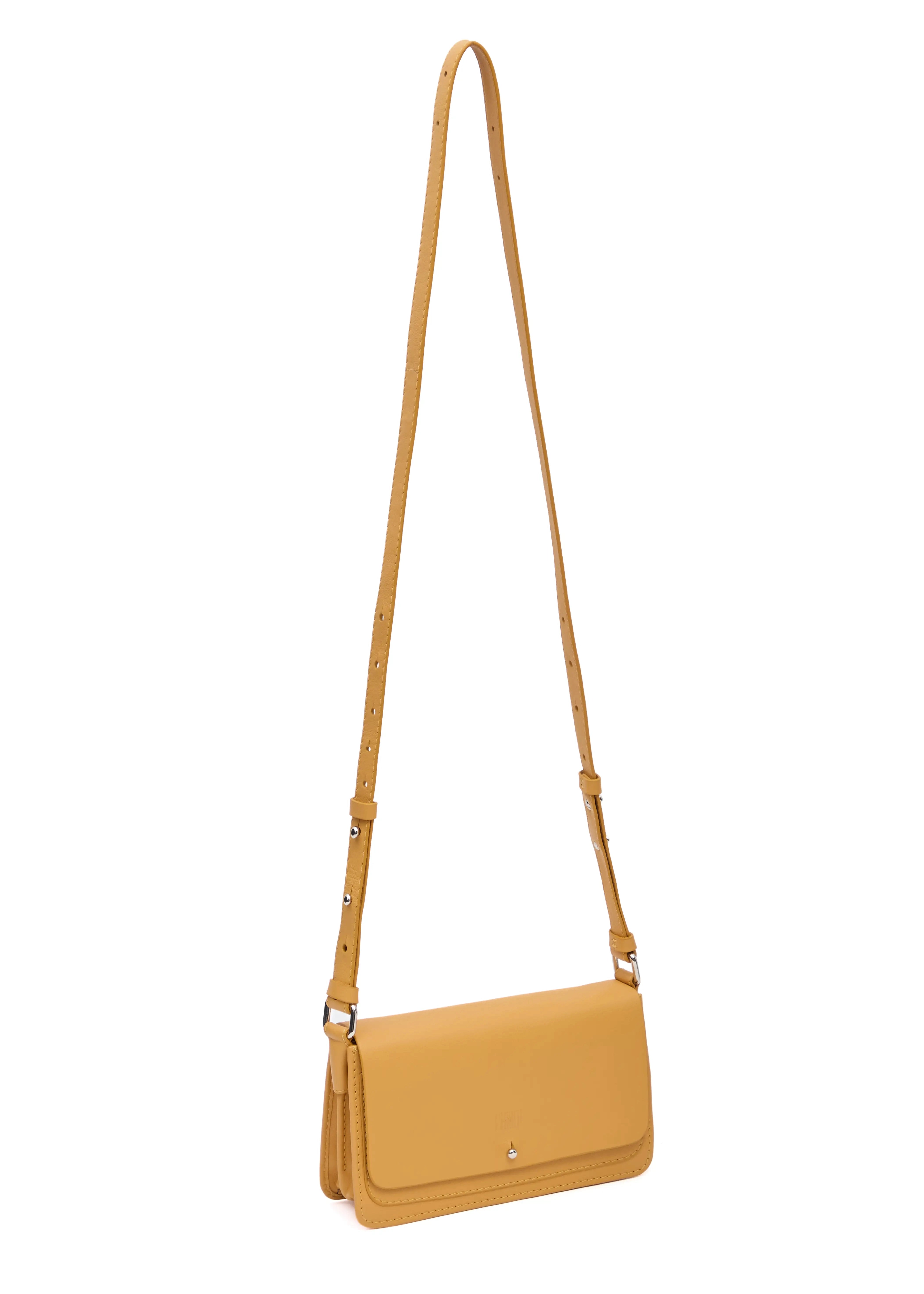 Side view of the Philini Mihaela Wallet Bag in yellow nappa leather, featuring a rectangular shape, accordion sides, front flap with silver cufflink closure, and an adjustable strap with silver details. The wallet crossbody is a finely crafted leather accessory