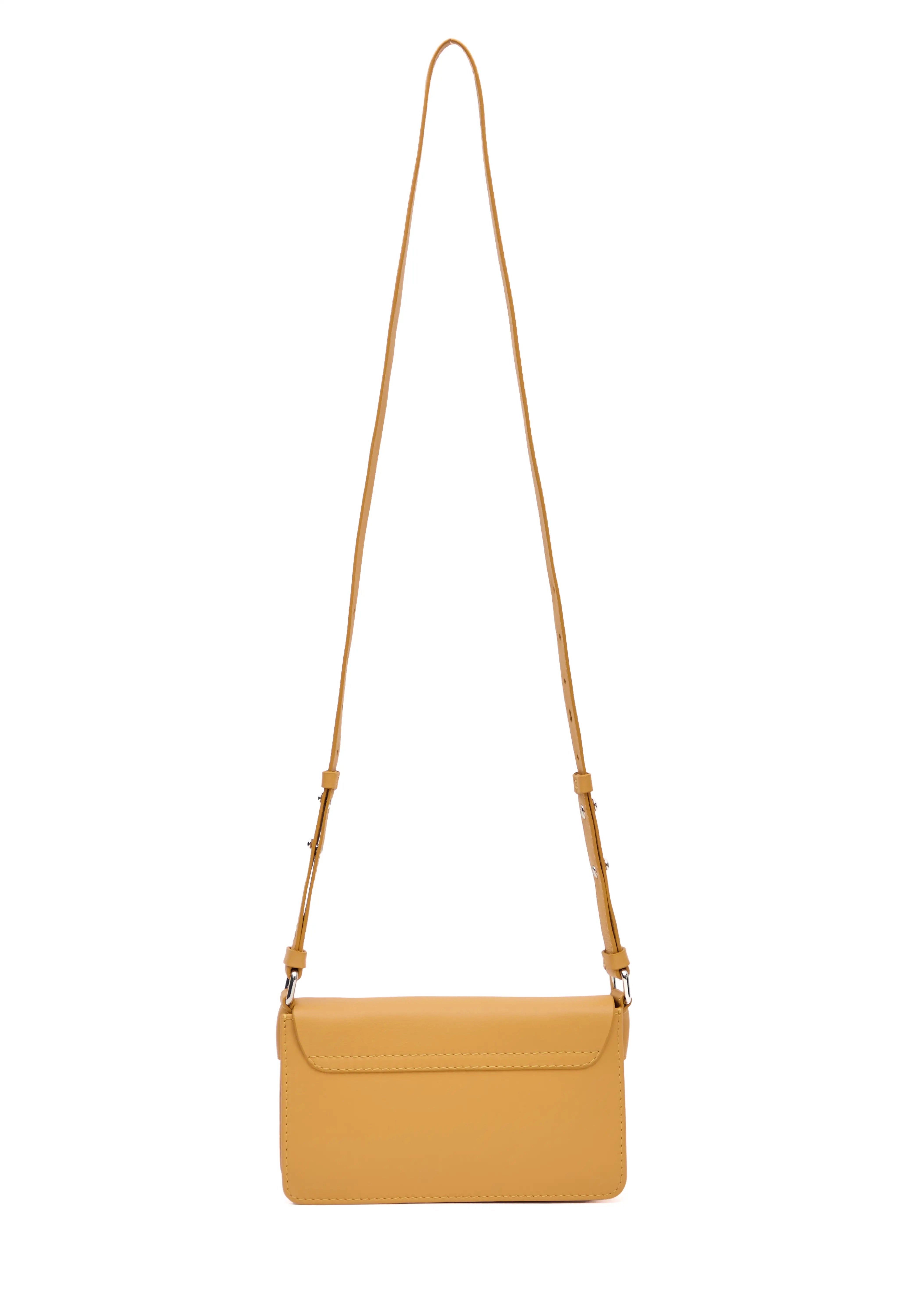 Back view of the yellow nappa leather Philini Mihaela Wallet Bag with stitched flap and silver-accented adjustable strap. Woman's designed wallet