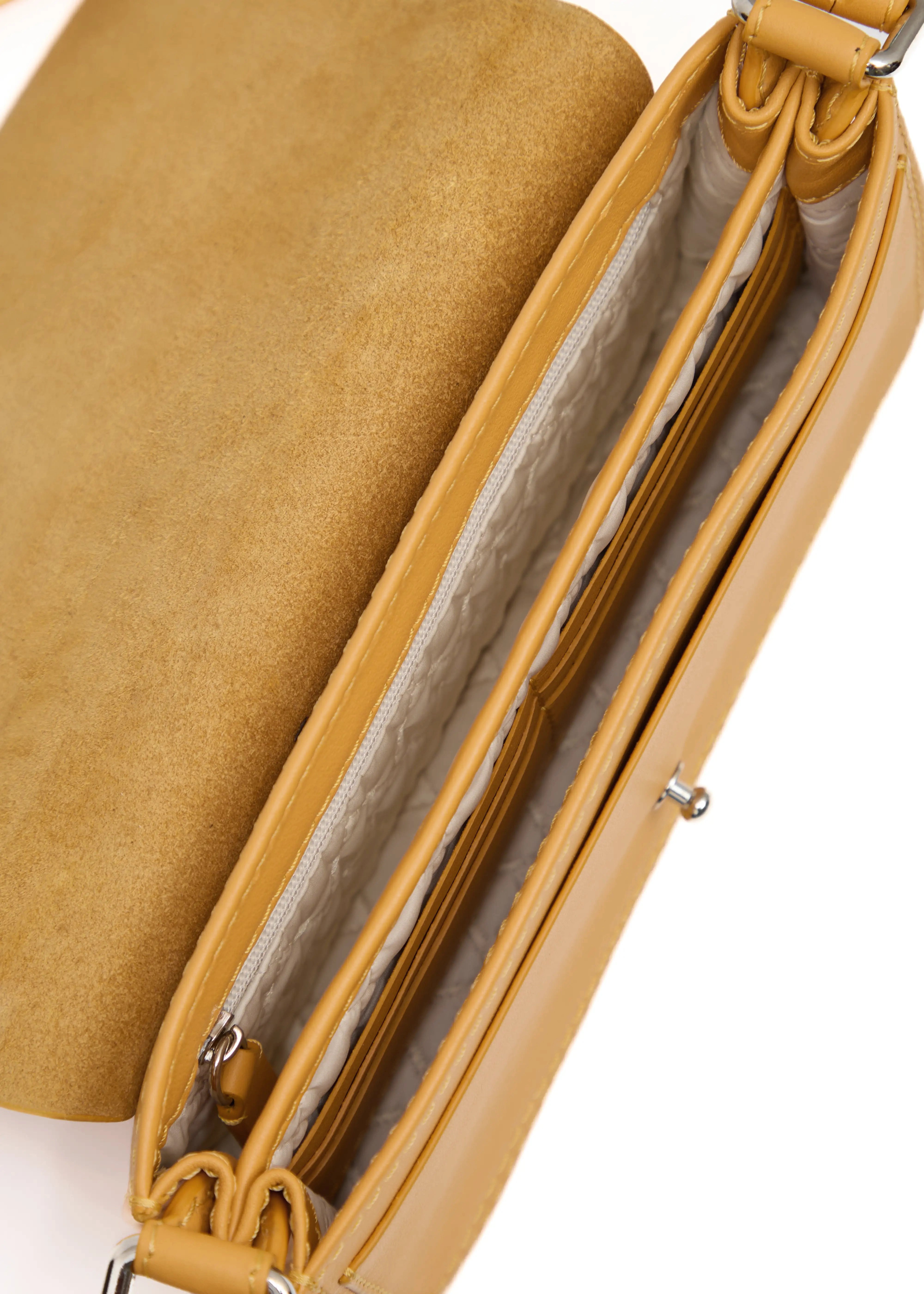 Close-up interior view of the Philini Mihaela Wallet Bag in yellow nappa leather, showing fabric lining, card slots, compartments, and zip pocket. A handcrafted luxury crossbody wallet