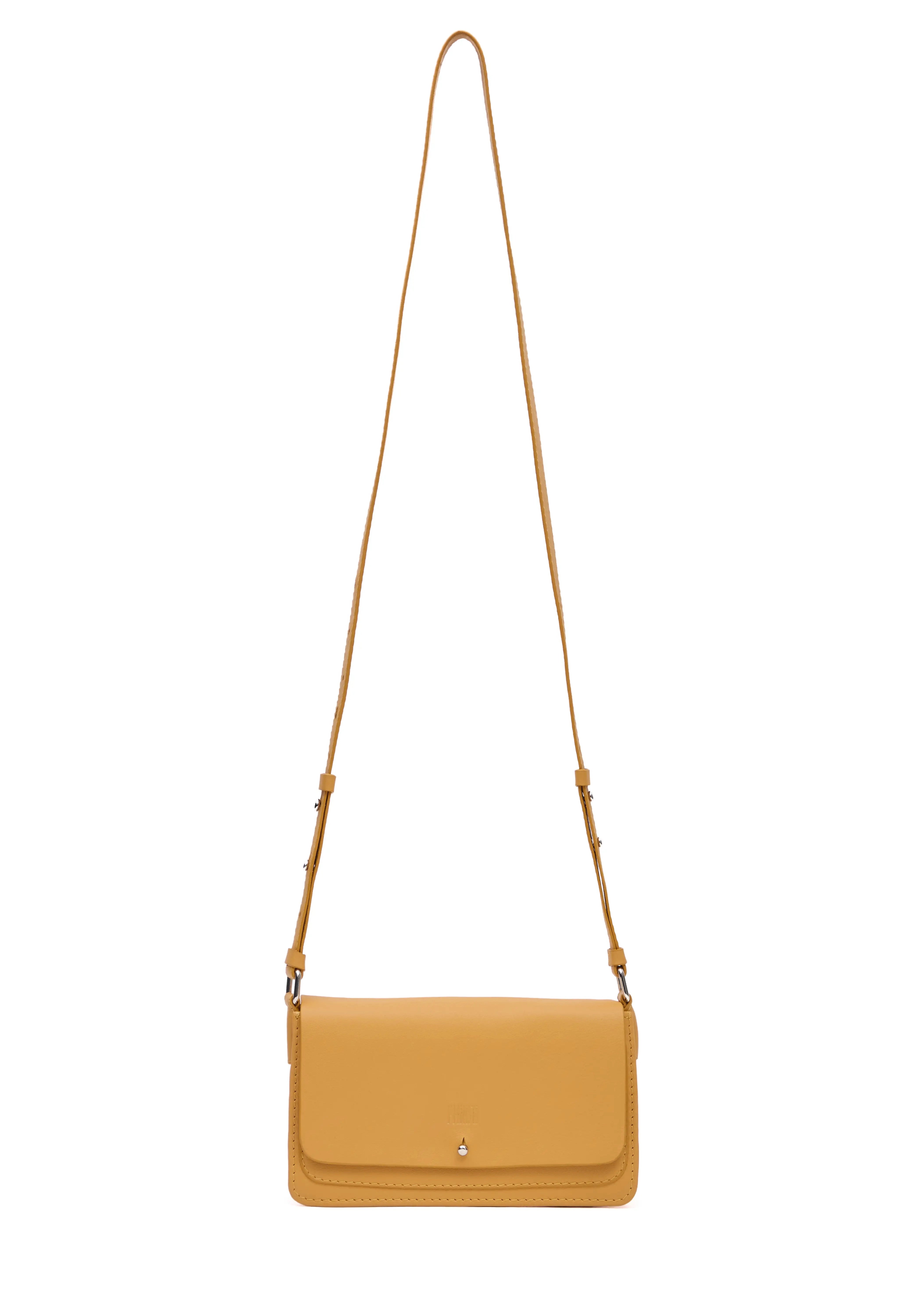 Front view of the Philini Mihaela Wallet Bag in yellow nappa leather, featuring a rectangular form, front flap with silver cufflink closure, and a long adjustable strap with silver accents. This sleek designer ladies wallet crossbody is a compact accessory.