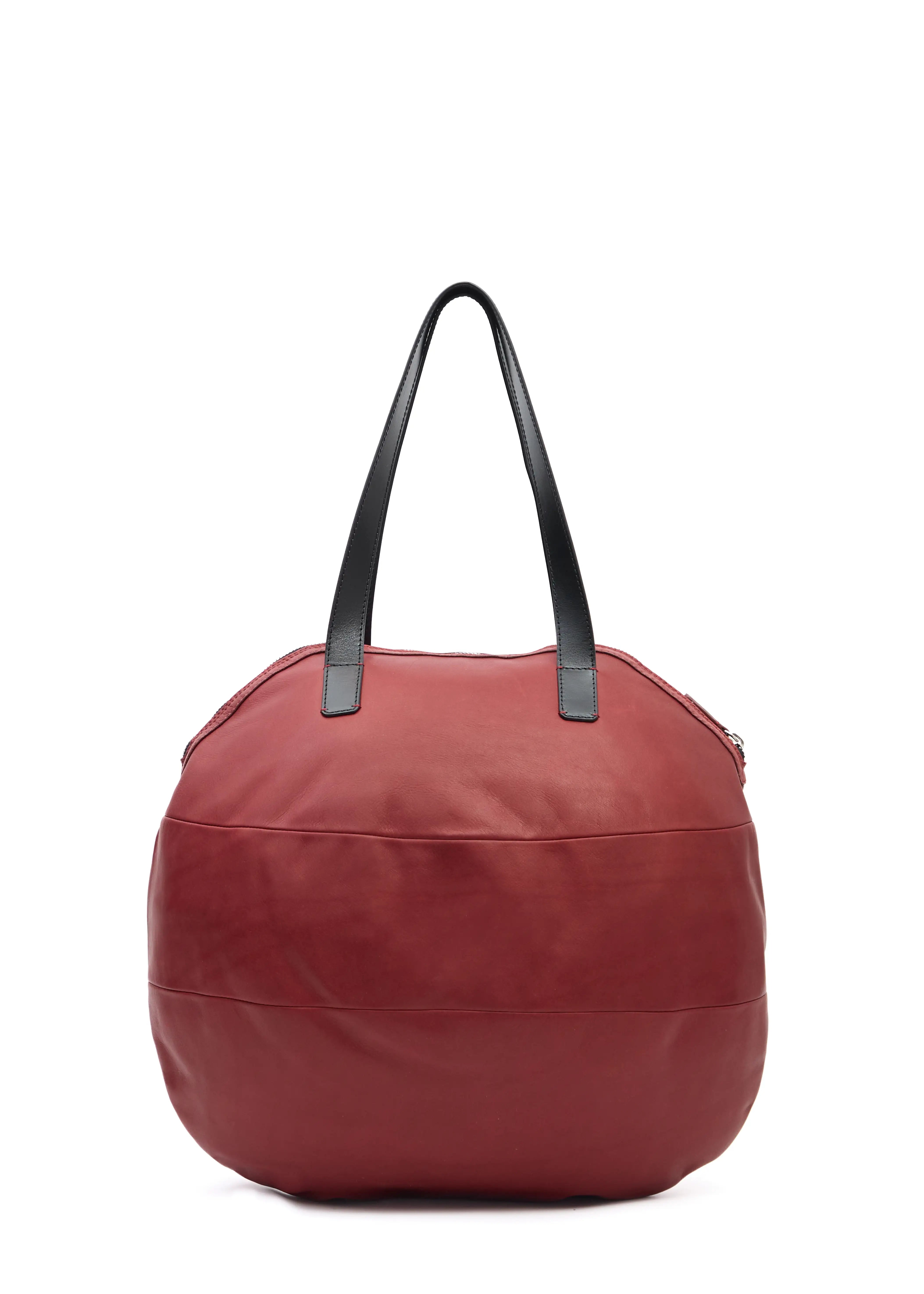 Back view of the Philini Nataly Handbag in bordeaux aniline calf leather, round silhouette with two black handles. Designer handbag in unique red made in Europe