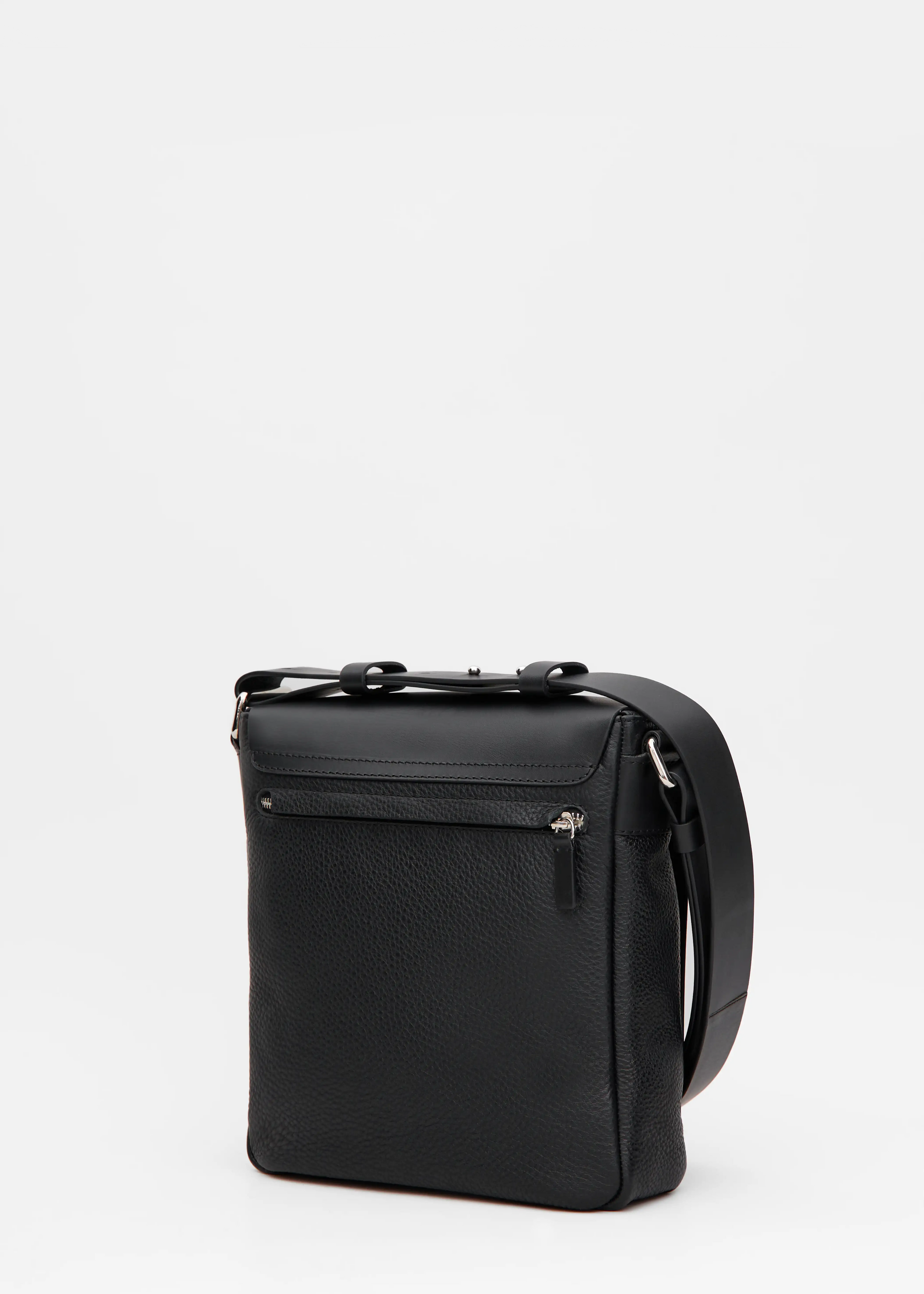 Back view of the Philini Black Leather Messenger Bag, featuring a slightly square design with a hidden zipper pocket covered by leather. A handcrafted, sustainable luxury leather bag