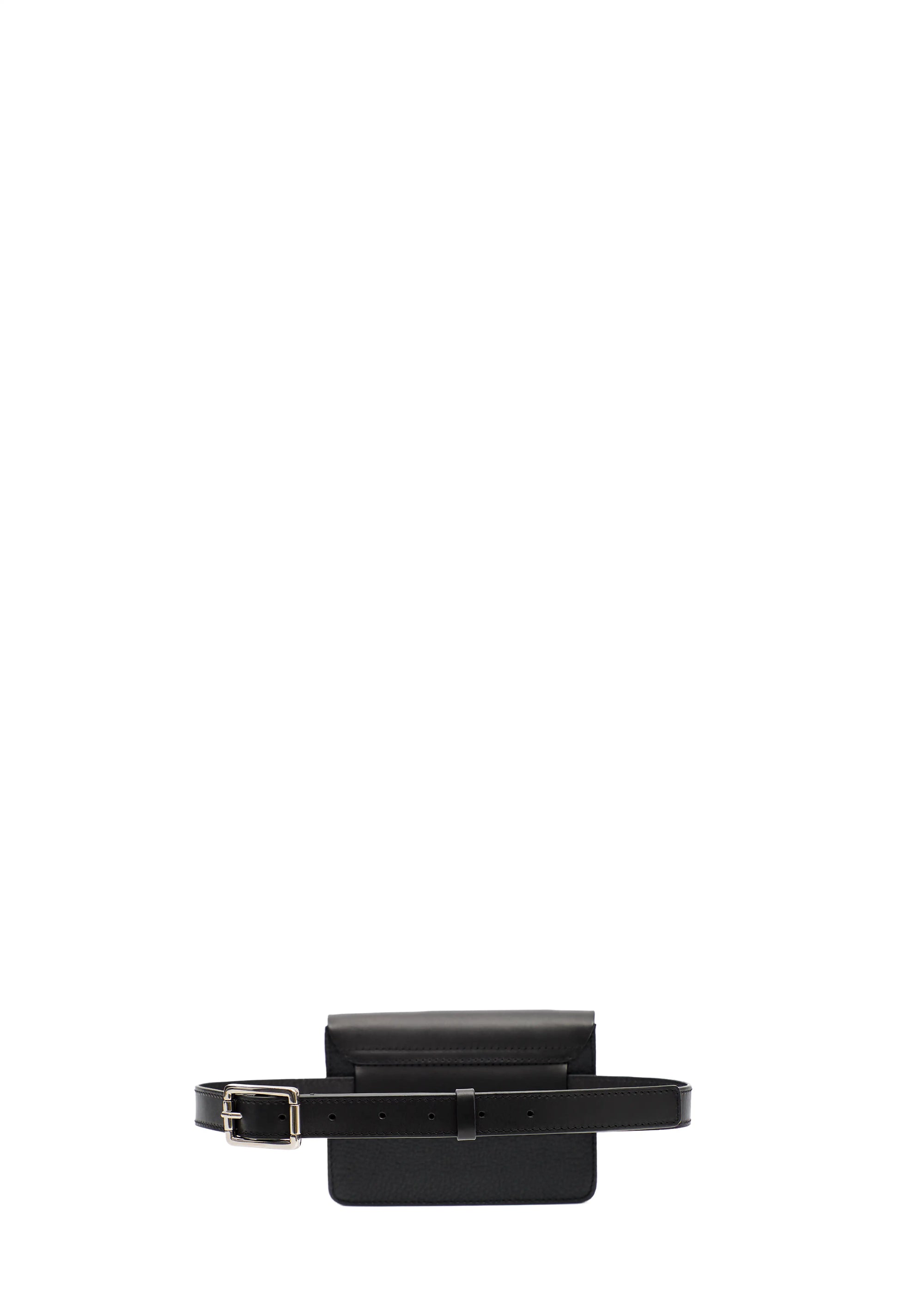 Back view of the Philini Polina Black Belt Bag, a rectangular leather bag crafted from high-quality leather, featuring a belt handle with a visible buckle. A sustainable, handcrafted designer bag
